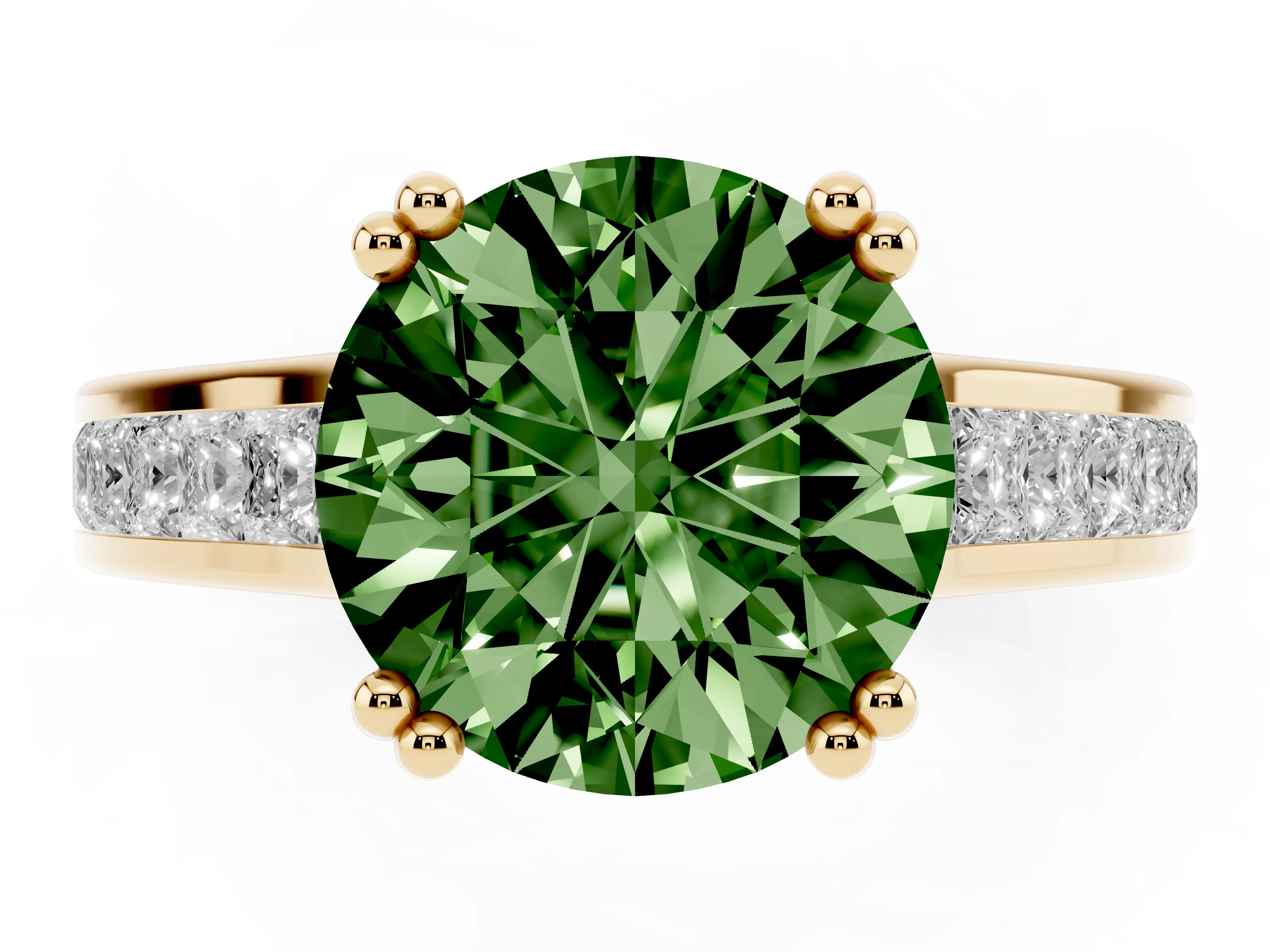 Fancy Green Round Cut Diamond Channel Set Solitaire Engagement Ring Set in Yellow gold with Prong Setting