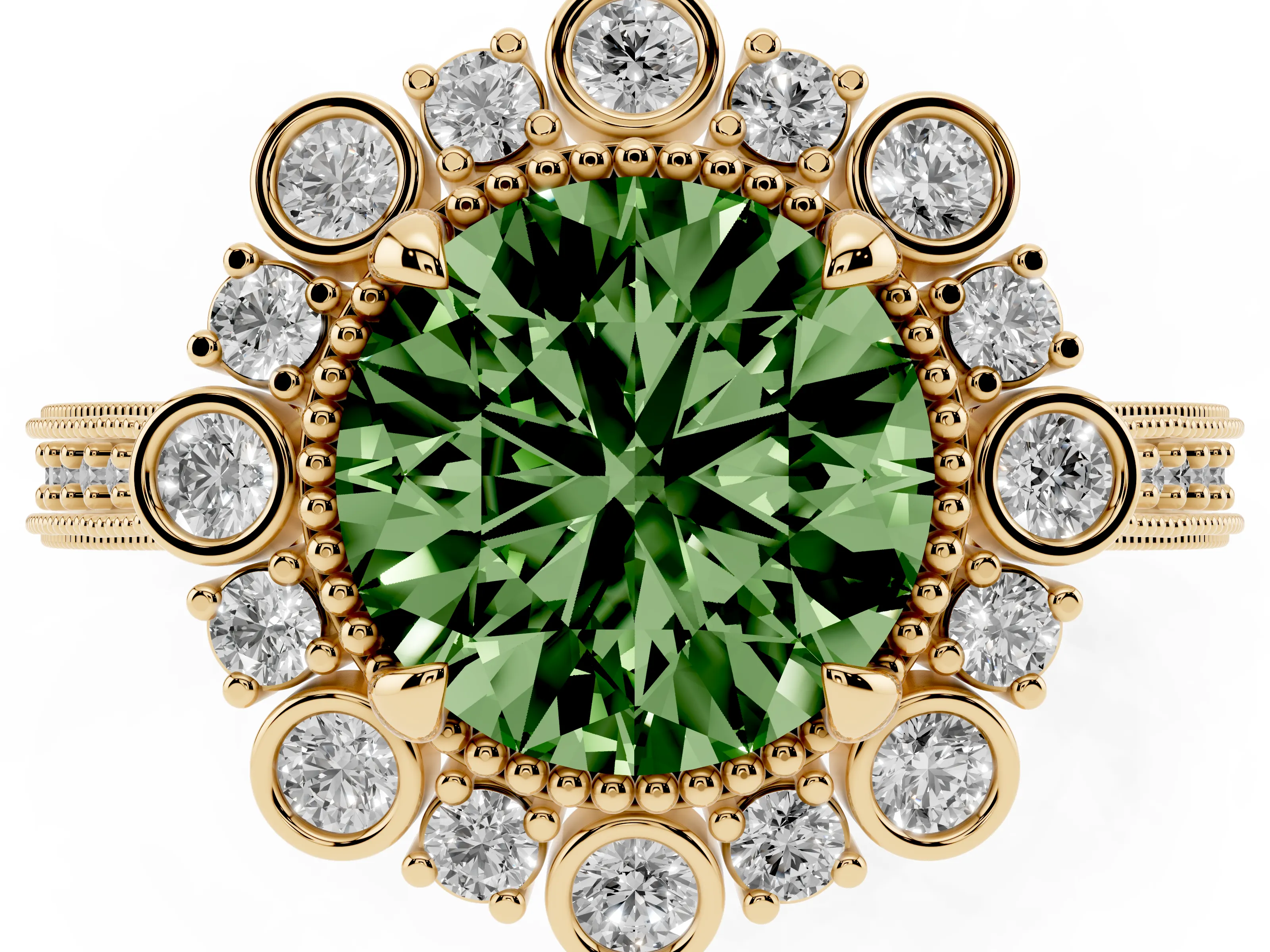 Fancy Green Round Cut Diamond Halo Milgrain Pavé Ring Set in Yellow gold with Prong Setting