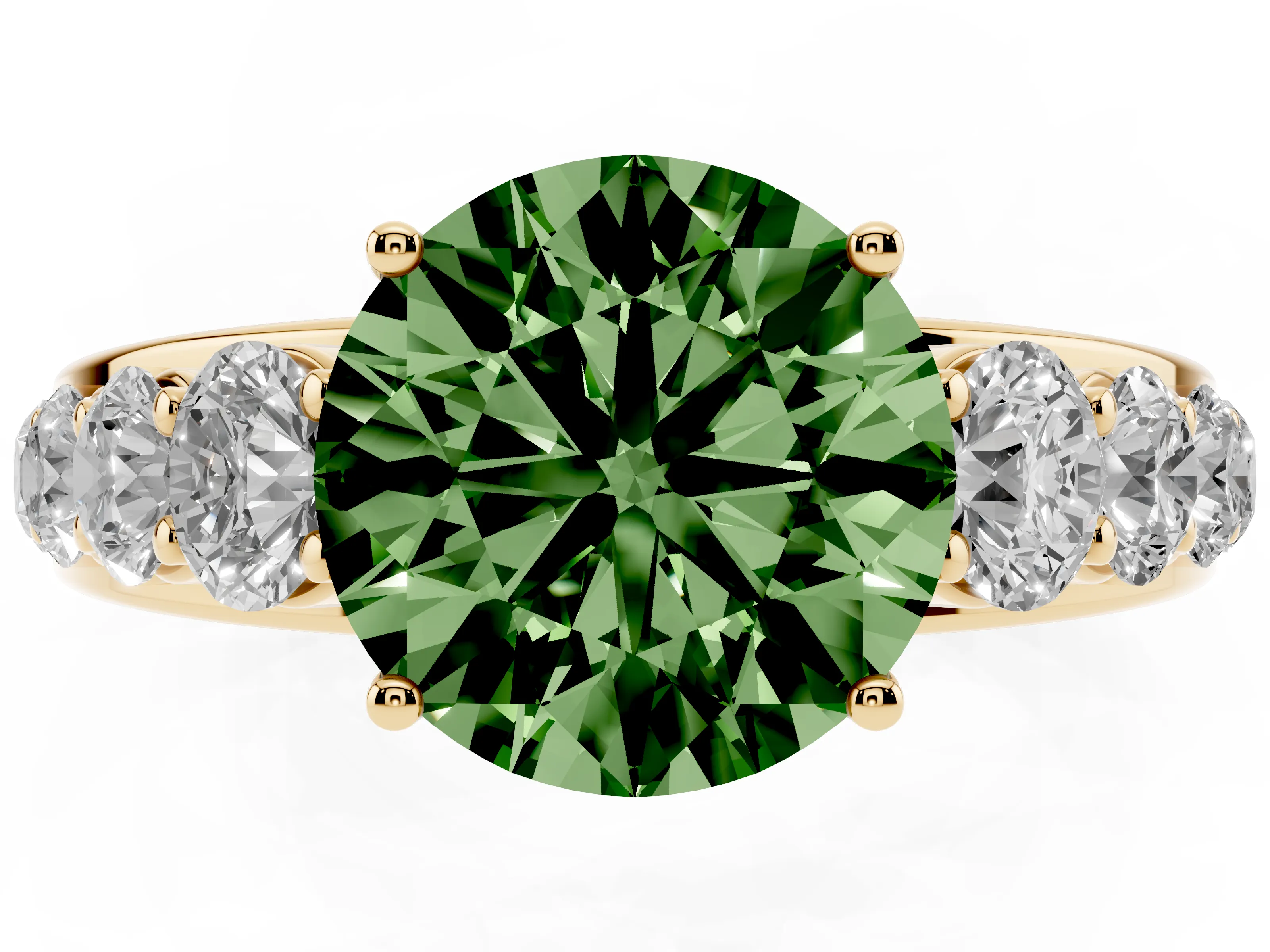 Fancy Green Round Cut Diamond Solitaire Ring Set in Yellow gold with Pavé-Set Band and Prong Setting