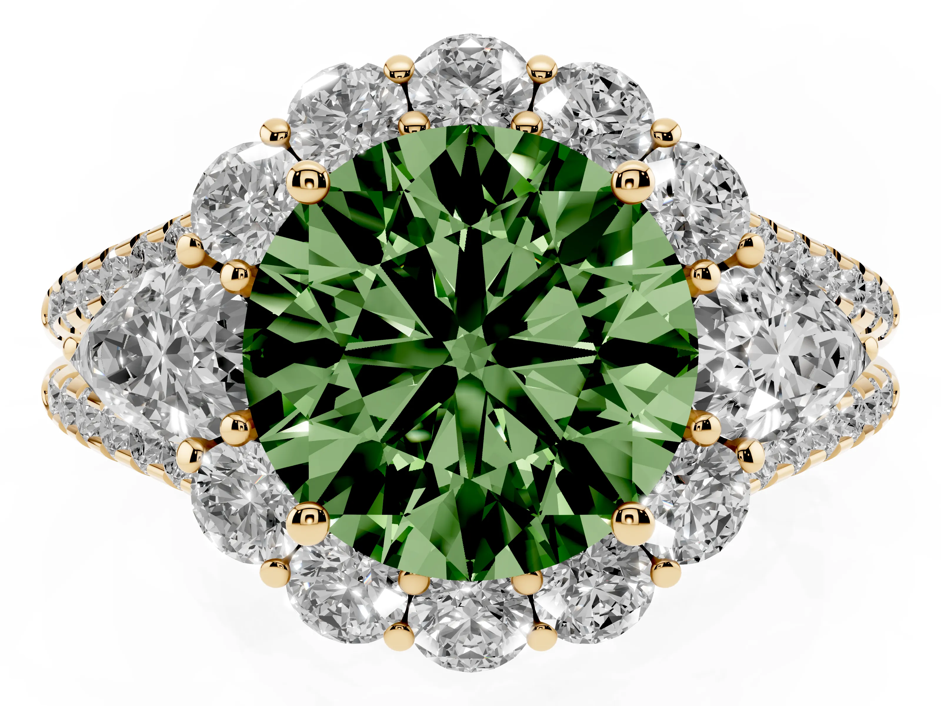 Fancy Green Round Cut Diamond Halo Split Shank Engagement Ring Set in Yellow gold with Prong-Held Center Stone