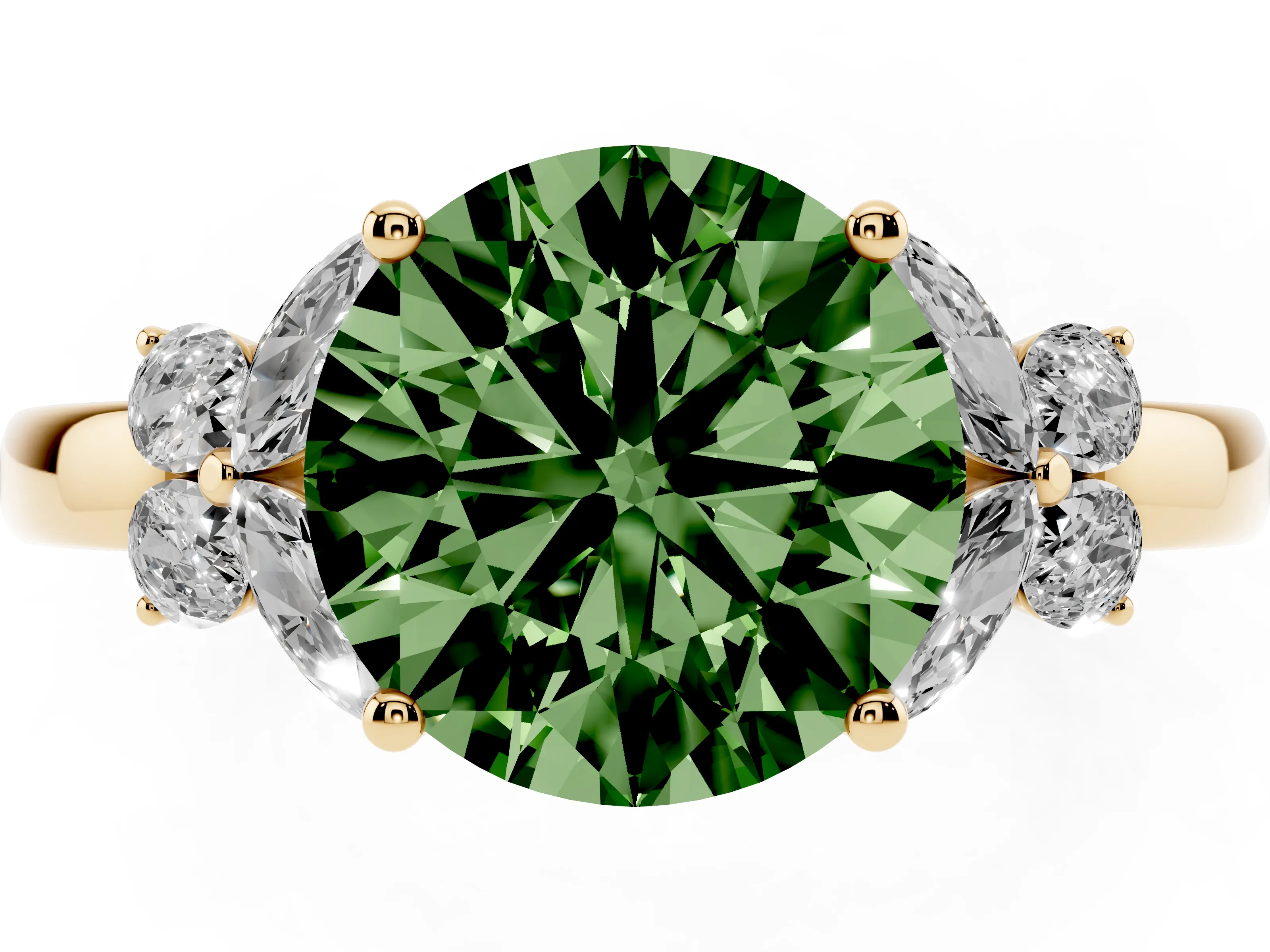 Fancy Green Round Cut Diamond Solitaire Floral Ring Set in Yellow gold with Marquise Petals and Prong Setting