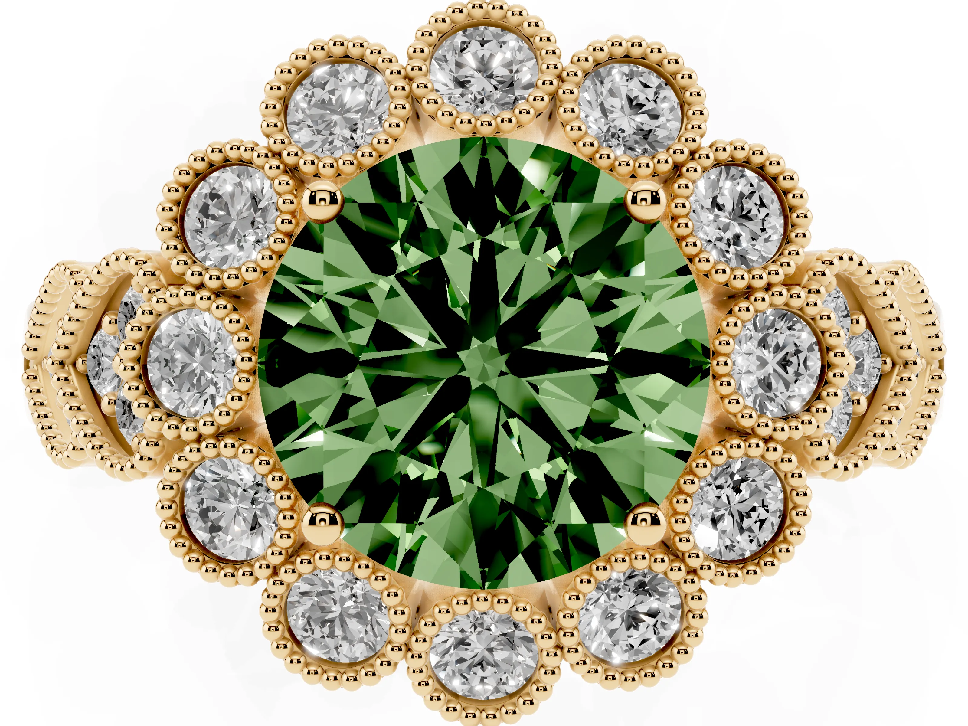 Fancy Green Round Cut Diamond Solitaire Ring Set in Yellow gold with Milgrain Pavé Heart Band