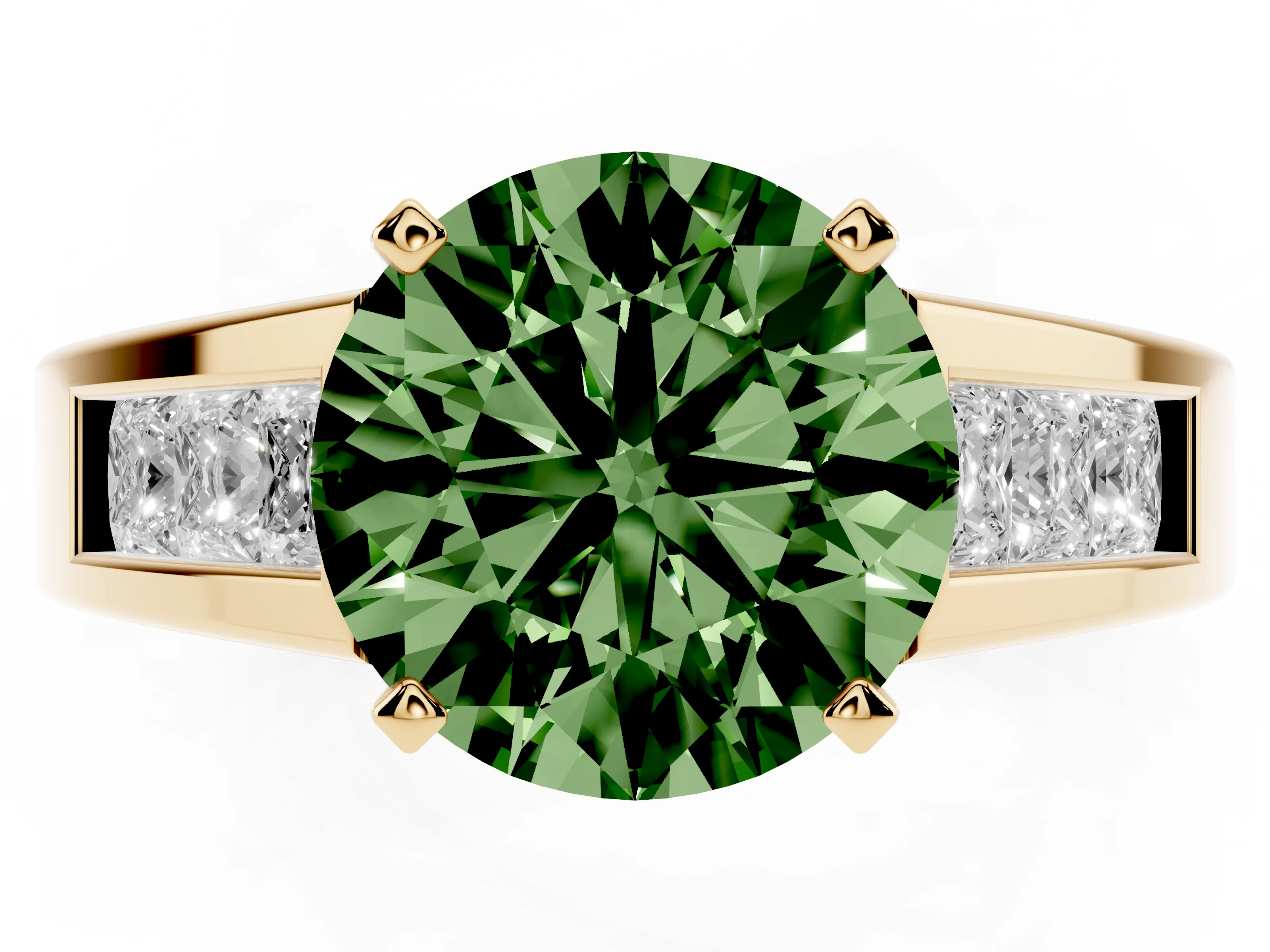Fancy Green Round Cut Diamond Solitaire Ring Set in Yellow gold with Channel-Set Accent Stones and Prong Setting