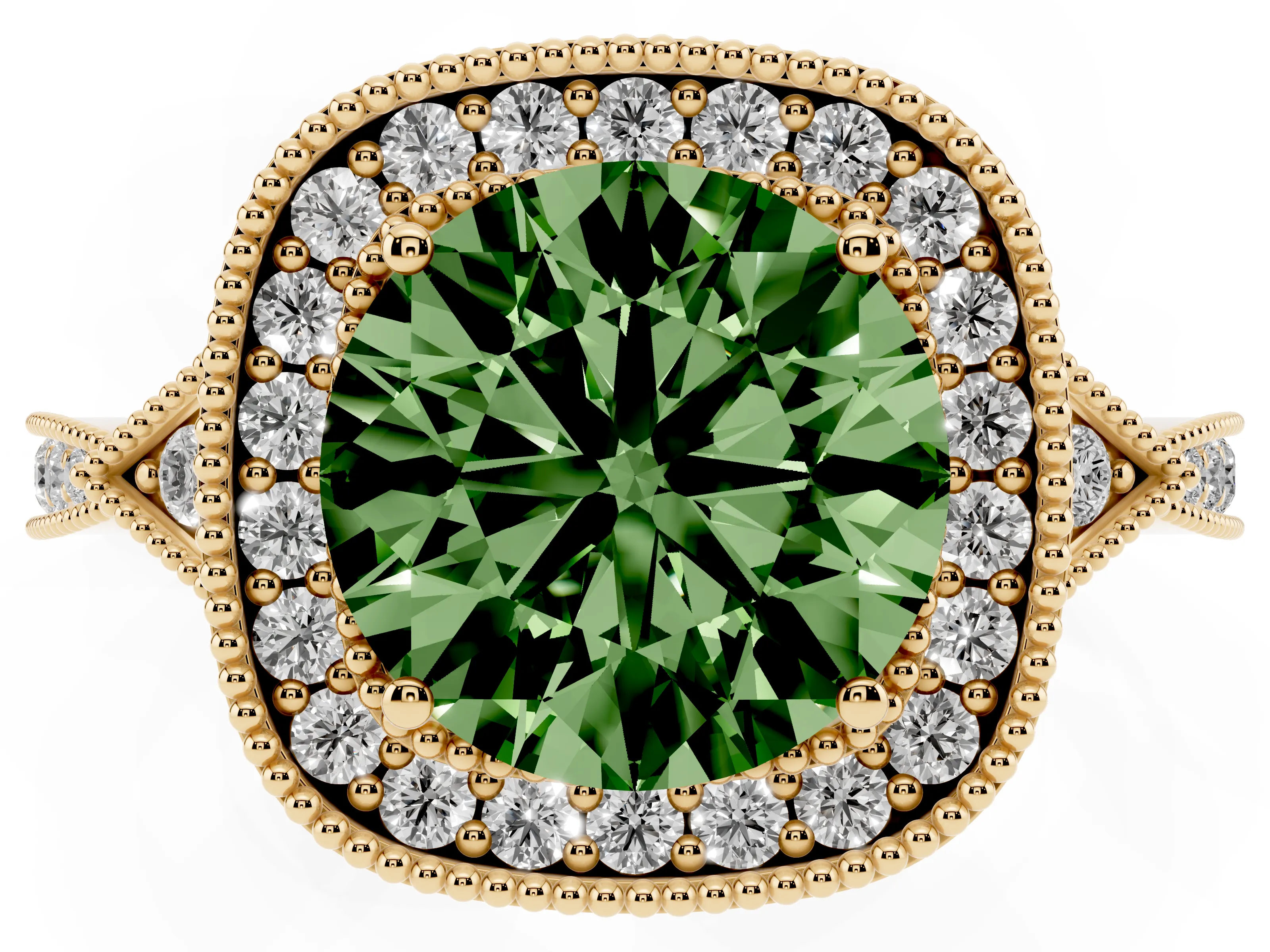 Fancy Green Round Cut Diamond Halo Engagement Ring Set in Yellow gold with Milgrain Pavé Band