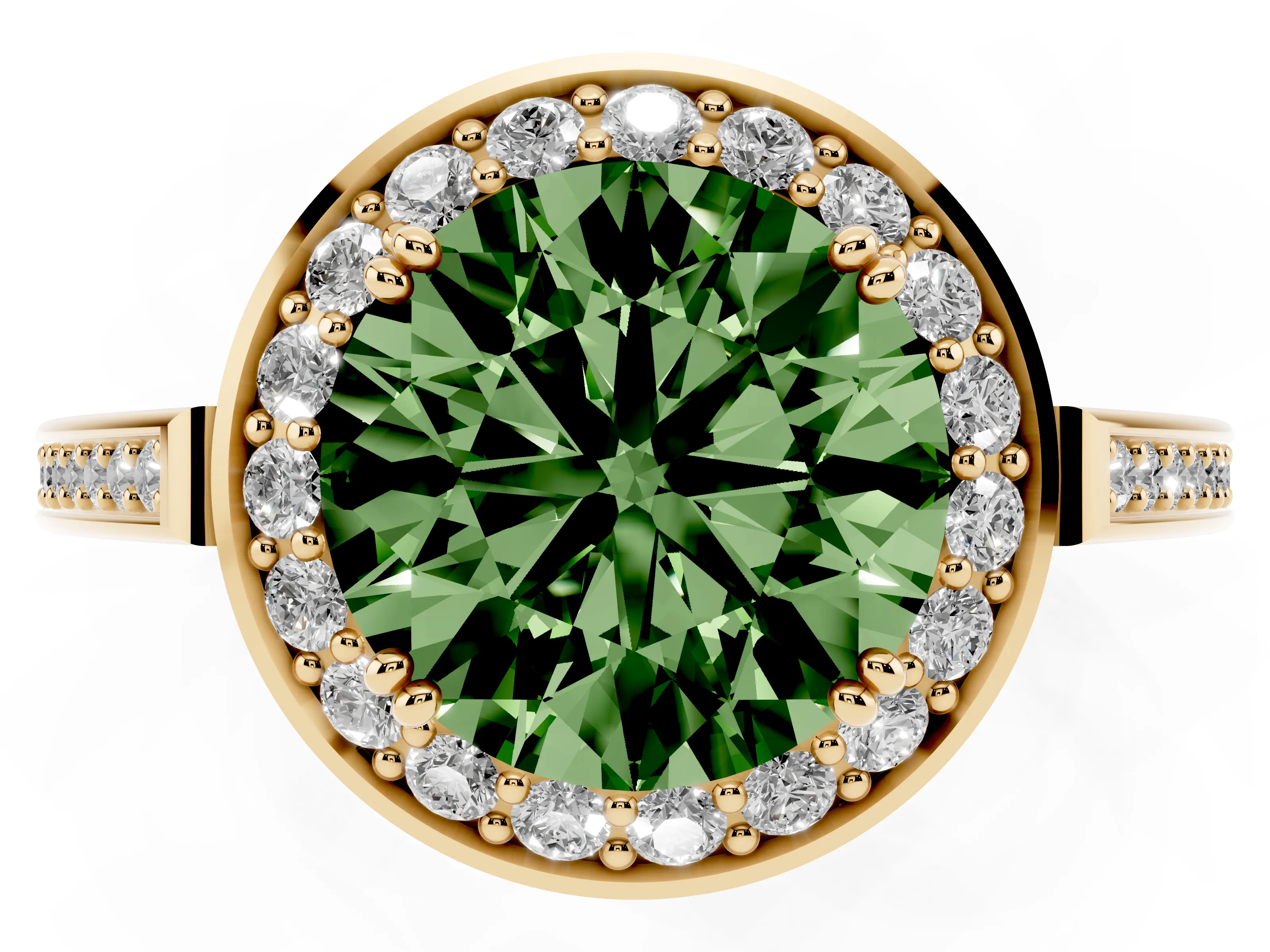 Fancy Green Round Cut Diamond Halo Ring Set in Yellow gold with Accent-Lined Split Shank and Prong Setting