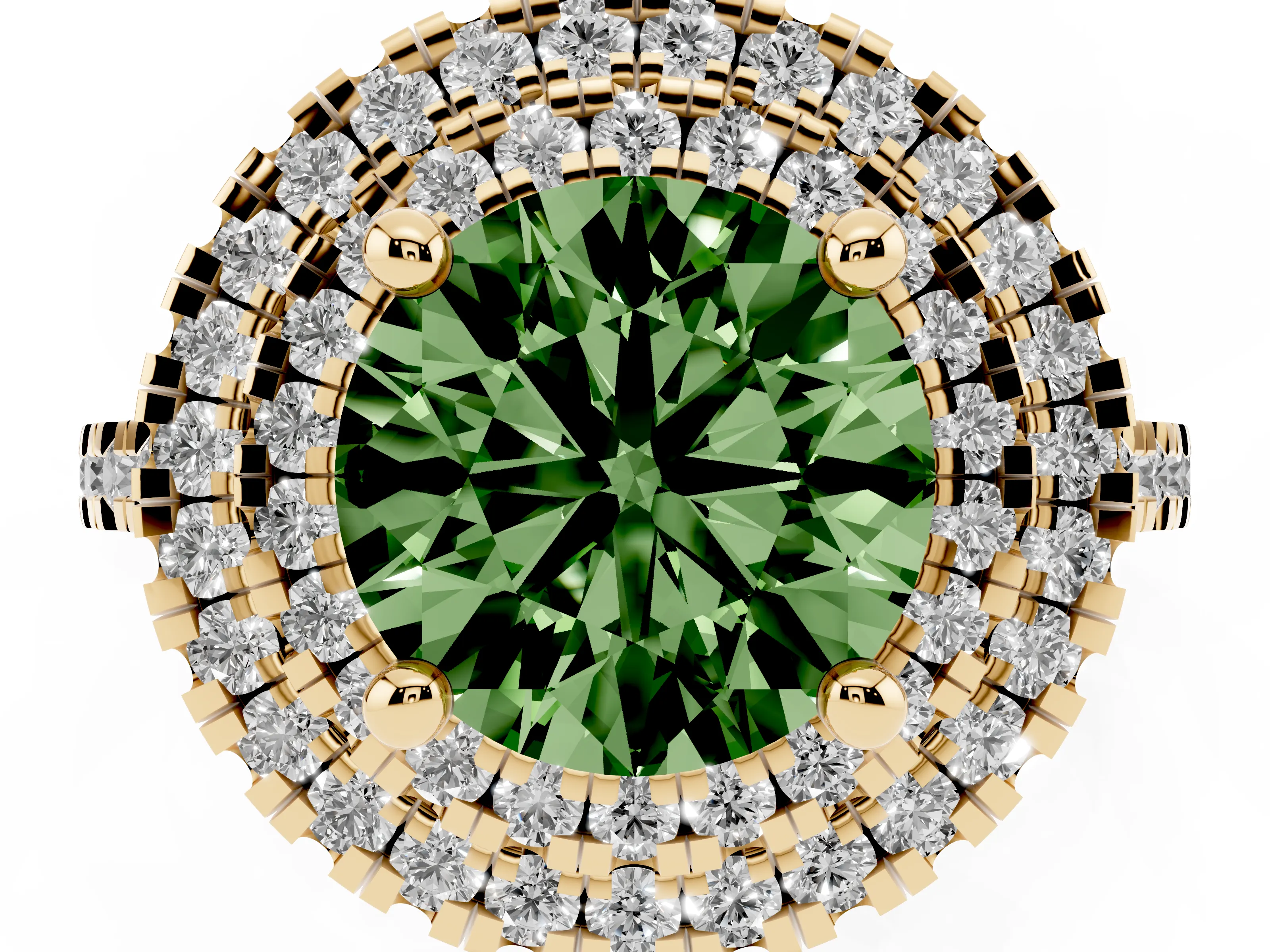 Fancy Green Round Cut Diamond Double Halo Statement Ring Set in Yellow gold with Pavé Band