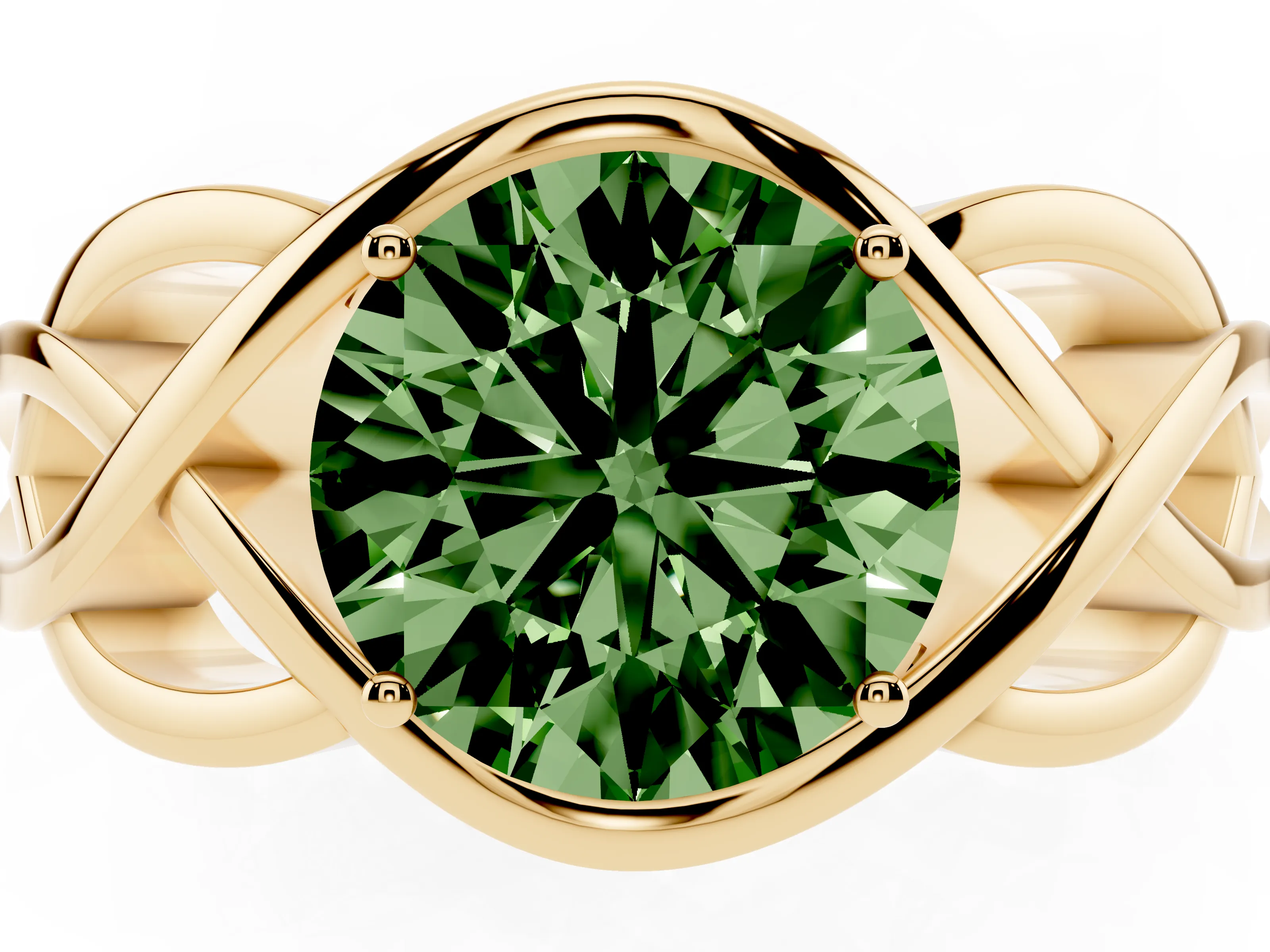 Fancy Green Round Cut Diamond Solitaire Ring Set in Yellow gold with Intertwined Band