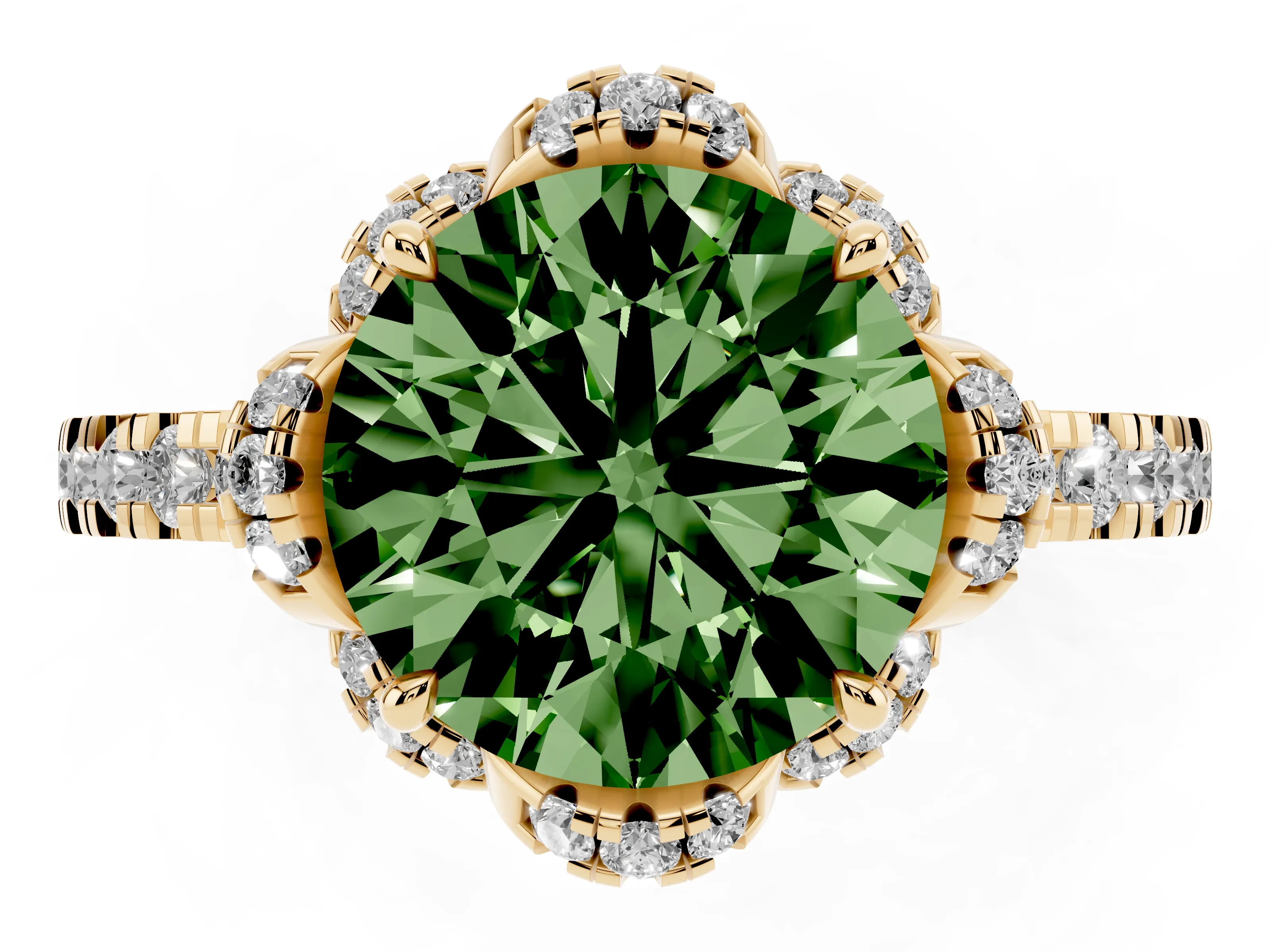 Fancy Green Round Cut Diamond Halo Pavé Band Ring Set in Yellow gold with Prong-Held Center