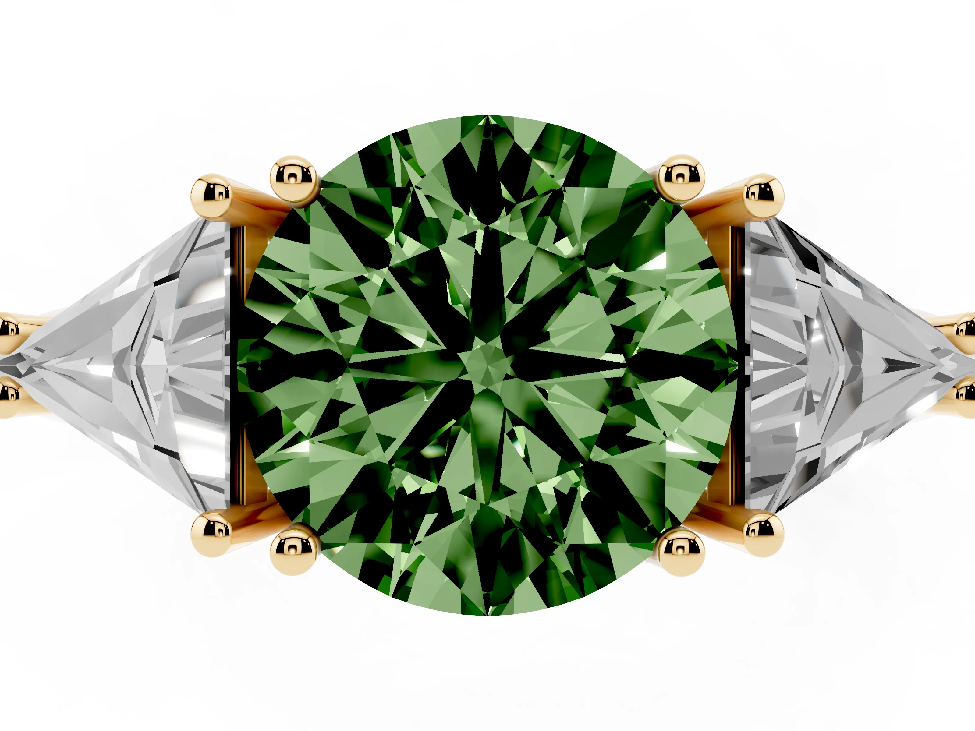 Fancy Green Round Cut Diamond Three-Stone Engagement Ring Set in Yellow gold with Trillion Side Stones