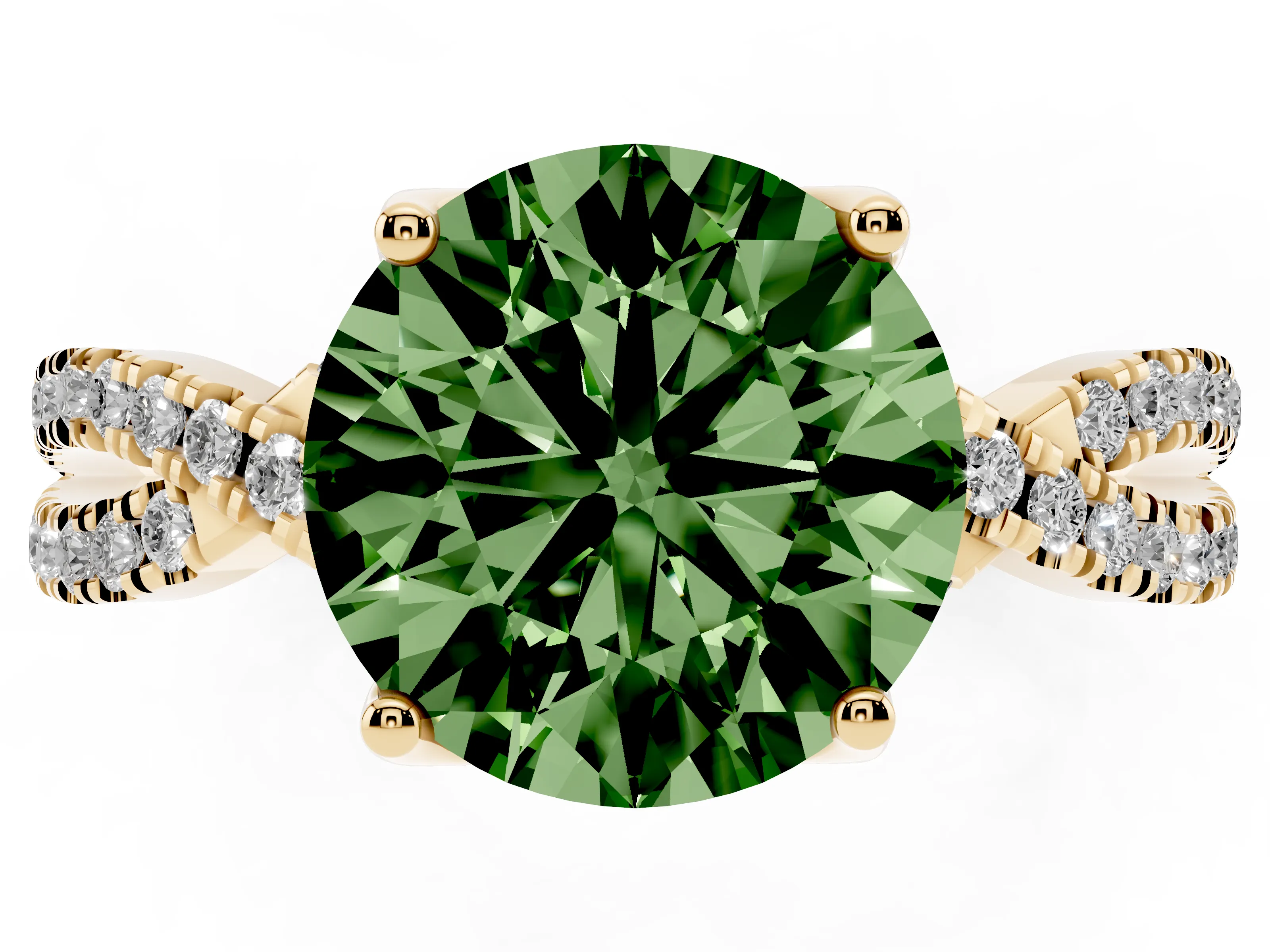 Fancy Green Round Cut Diamond Twist Pavé Solitaire Engagement Ring Set in Yellow gold with Prong Setting