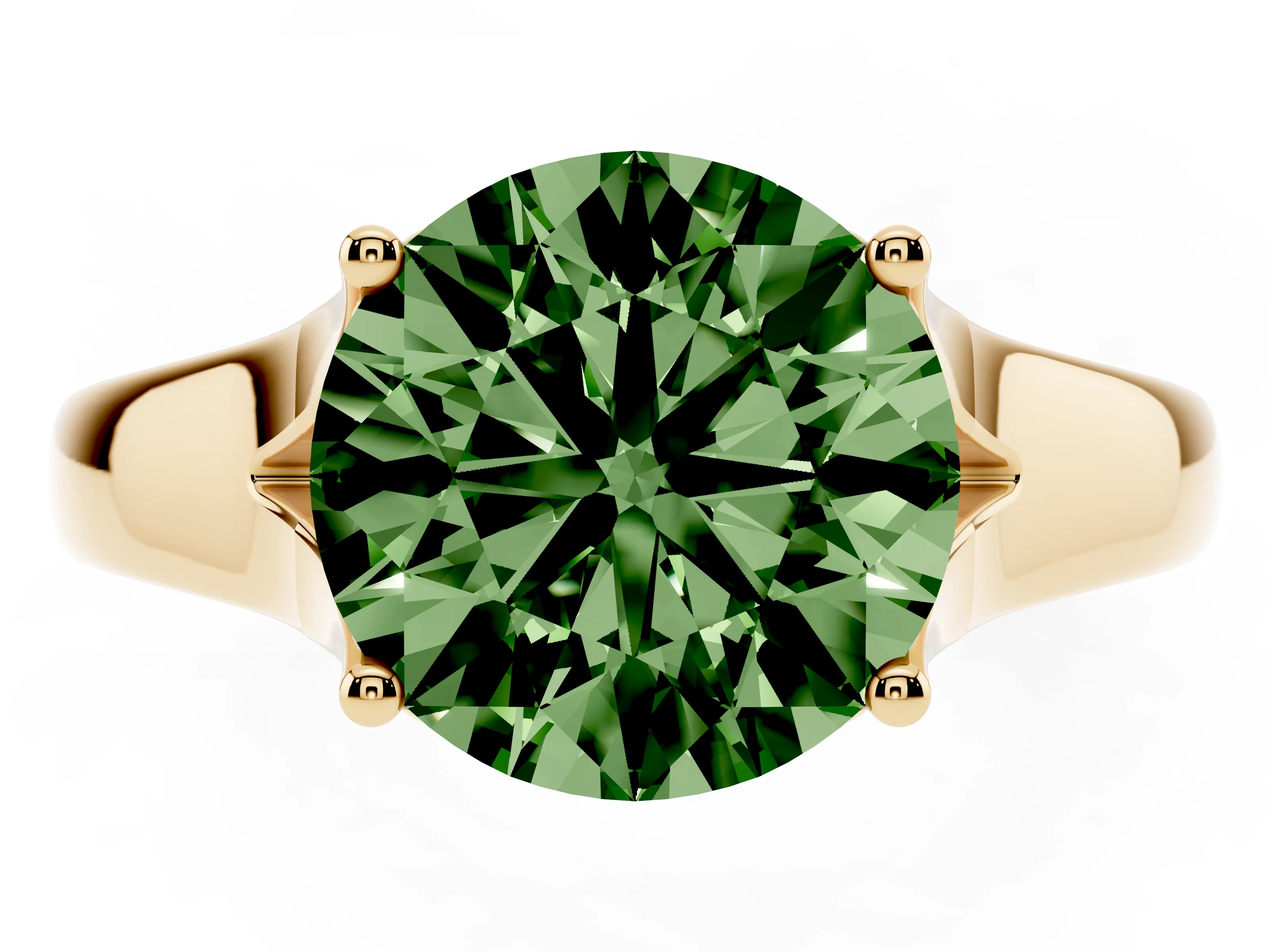 Fancy Green Round Cut Diamond Solitaire Ring Set in Yellow gold with Arched Cathedral Band and Prong Setting