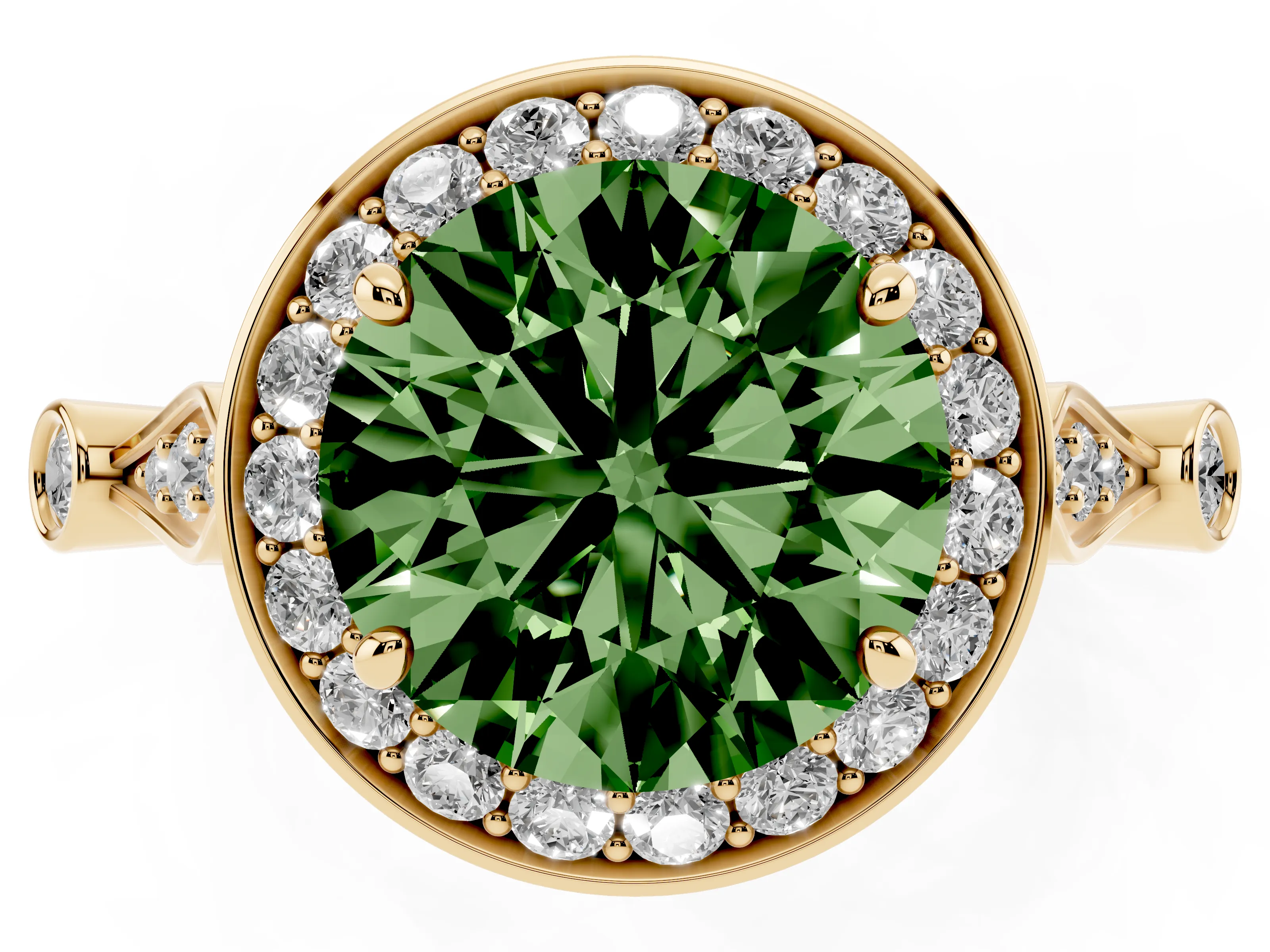 Fancy Green Round Cut Diamond Halo Engagement Ring Set in Yellow gold with Twisted Band and Prong Setting