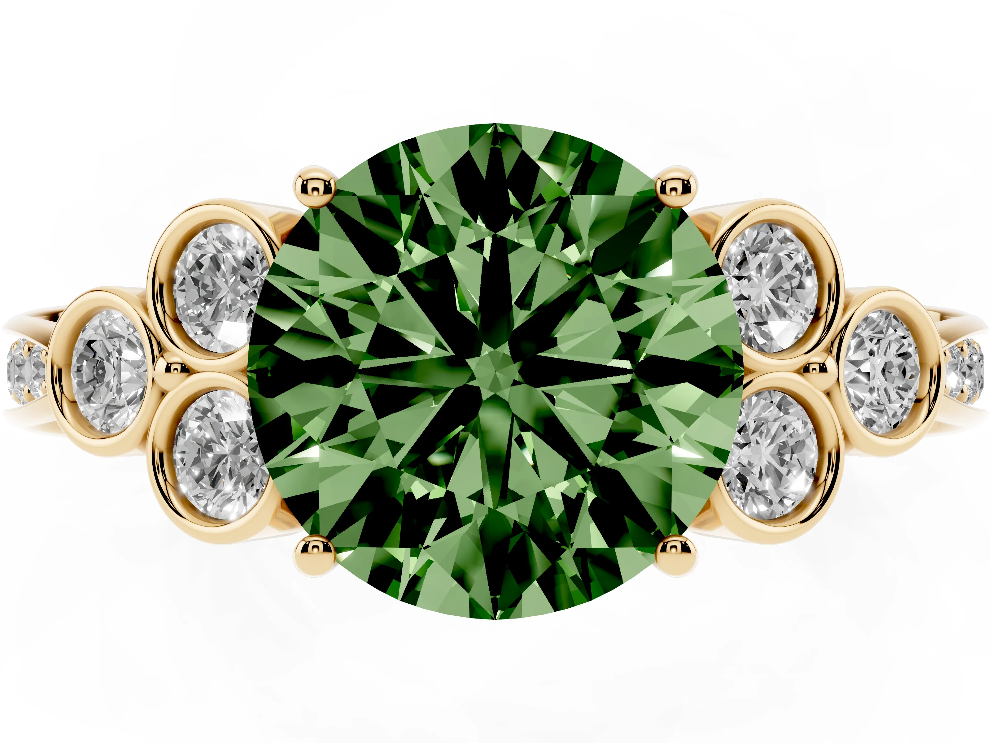 Fancy Green Round Cut Diamond Engagement Ring Set in Yellow gold with Bezel Set Round Side Stones and Prong Setting