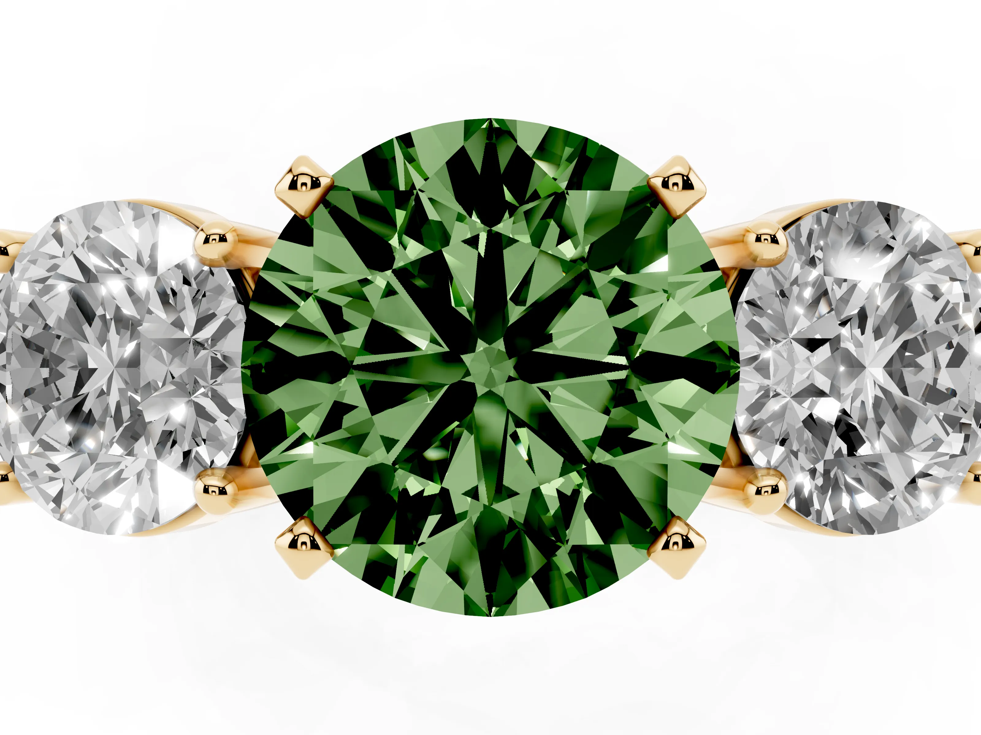 Fancy Green Round Cut Diamond Three-Stone Ring Set in Yellow gold with Round Side Stones and Classic Band