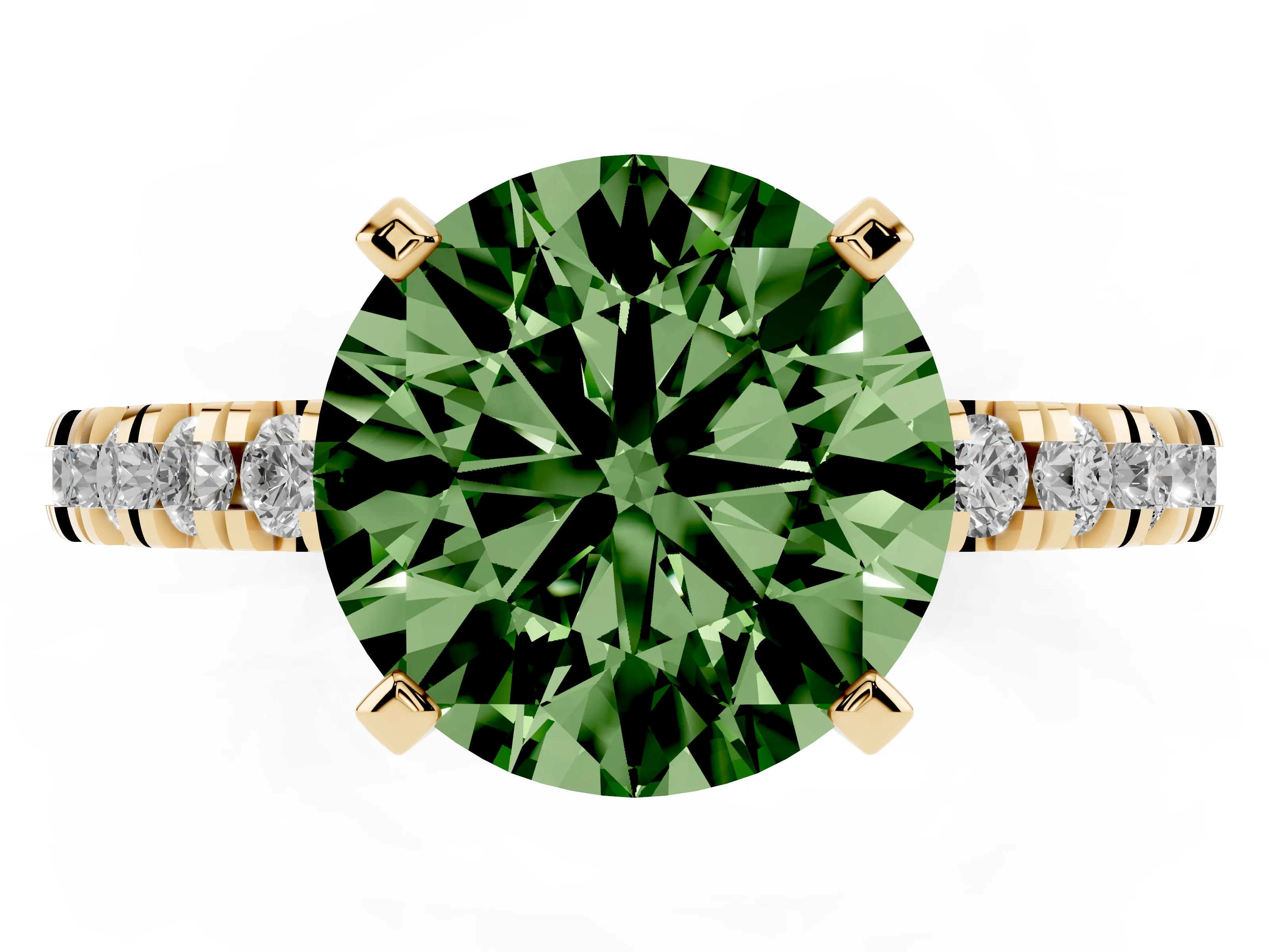 Fancy Green Round Cut Diamond Pavé Band Solitaire Set in Yellow gold with Prong Setting