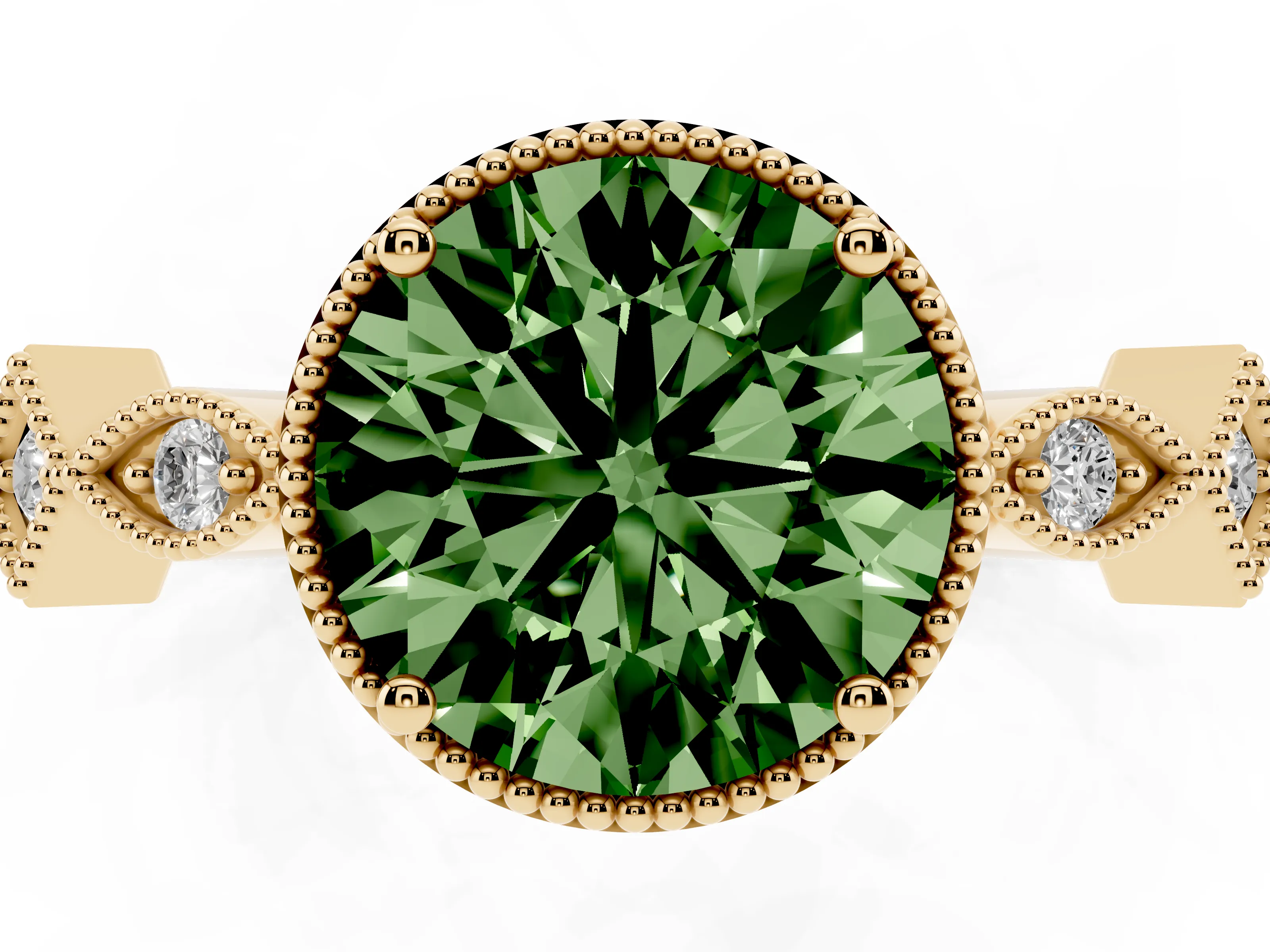 Fancy Green Round Cut Diamond Milgrain Marquise Twist Band Ring Set in Yellow gold with Prong Setting