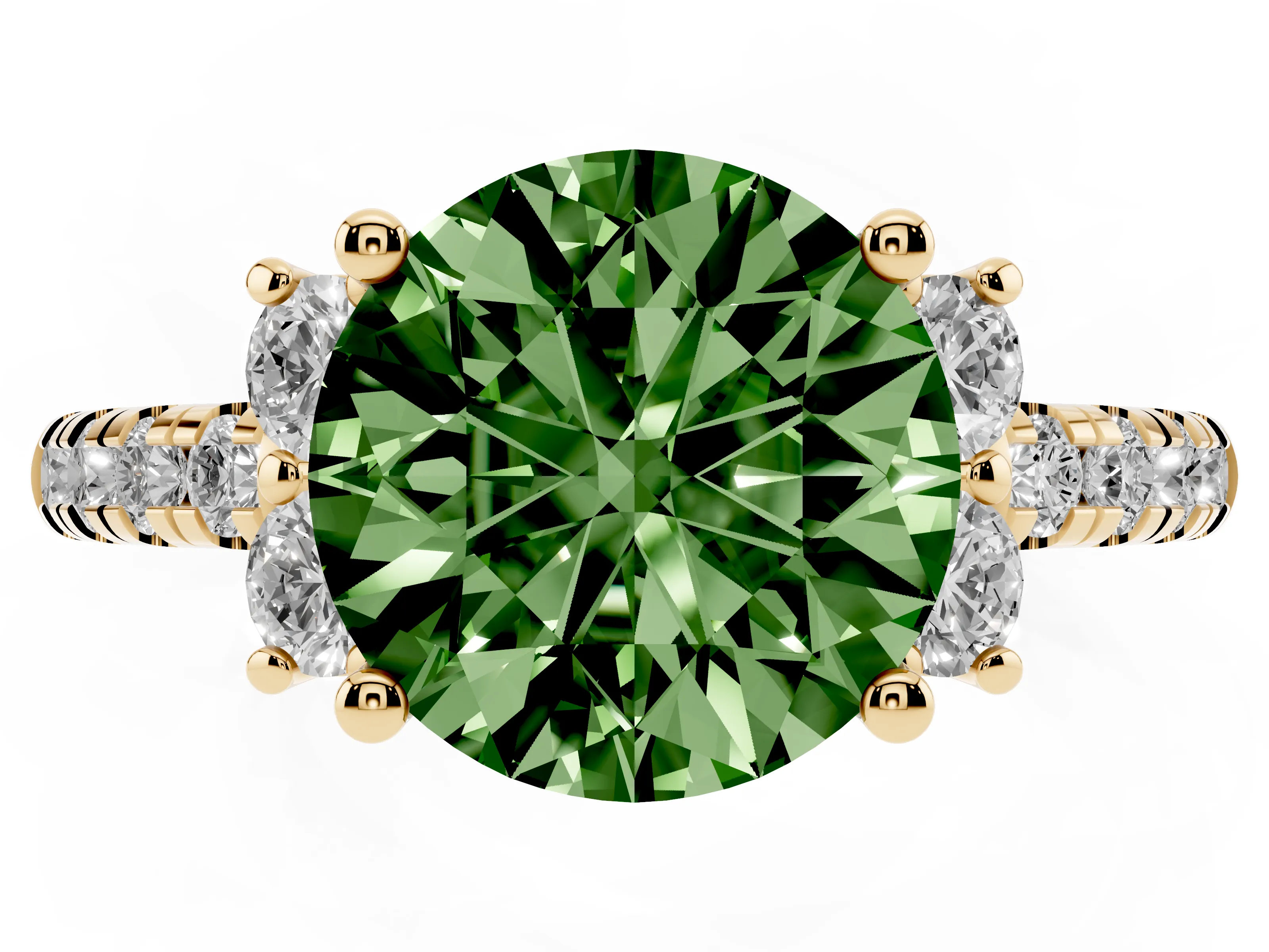 Fancy Green Round Cut Diamond Three-Stone Pavé Ring Set in Yellow gold with Prong Setting