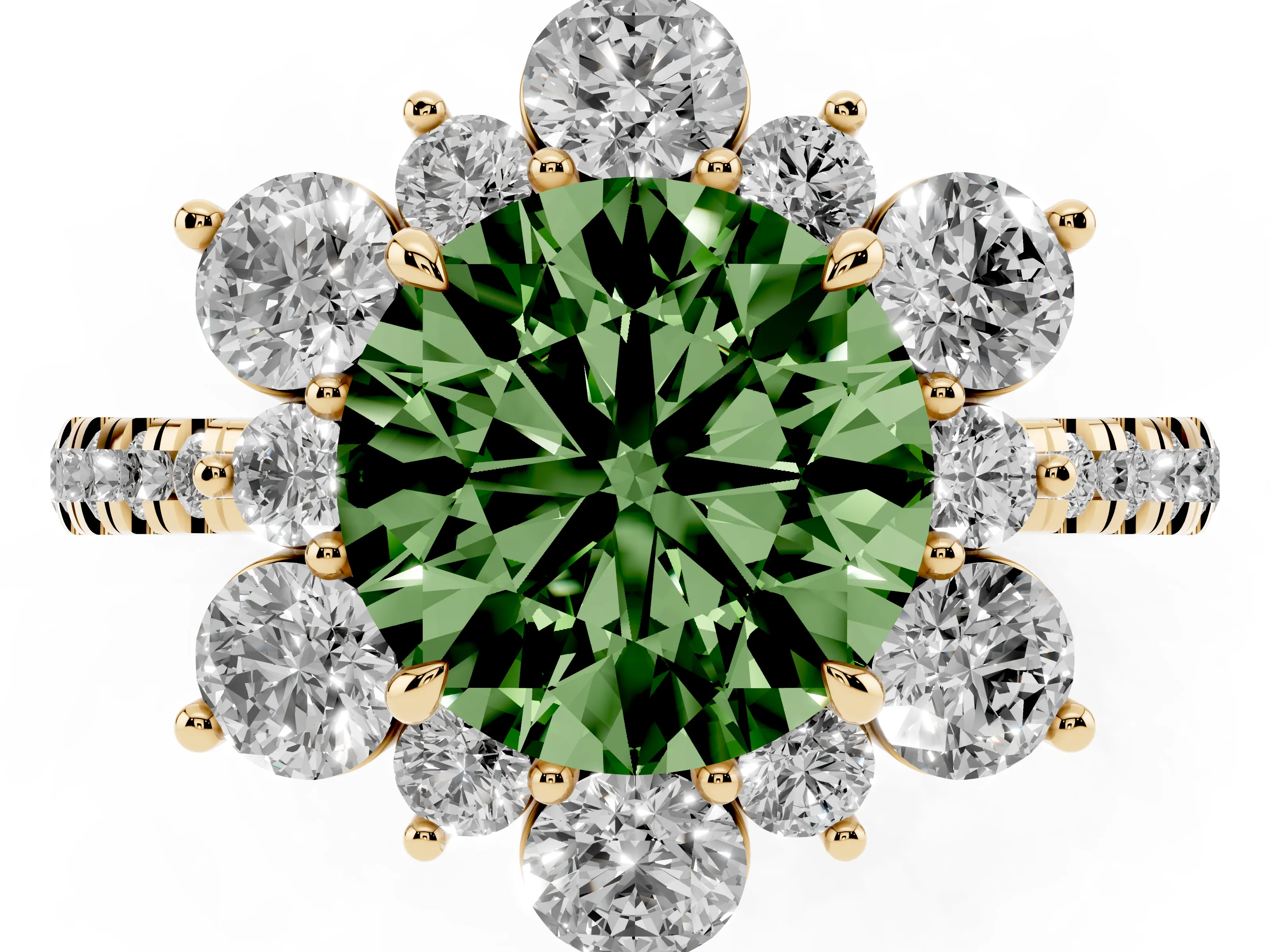 Fancy Green Round Cut Diamond Floral Halo Ring Set in Yellow gold with Round Pavé Band and Prong Setting