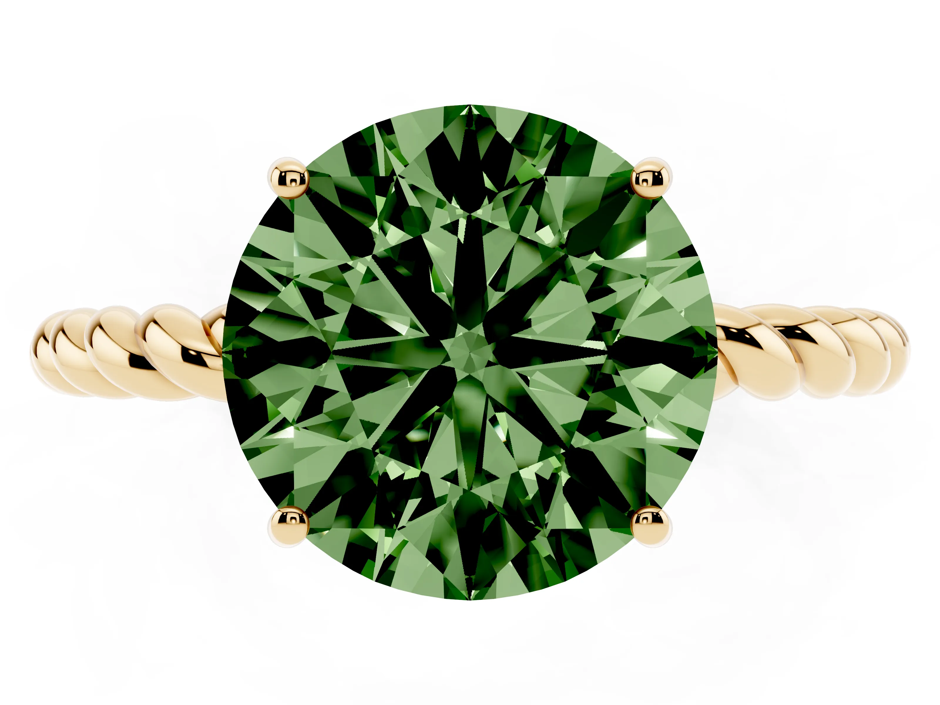 Fancy Green Round Cut Diamond Solitaire Ring Set in Yellow gold with Twist Band and Prong Setting