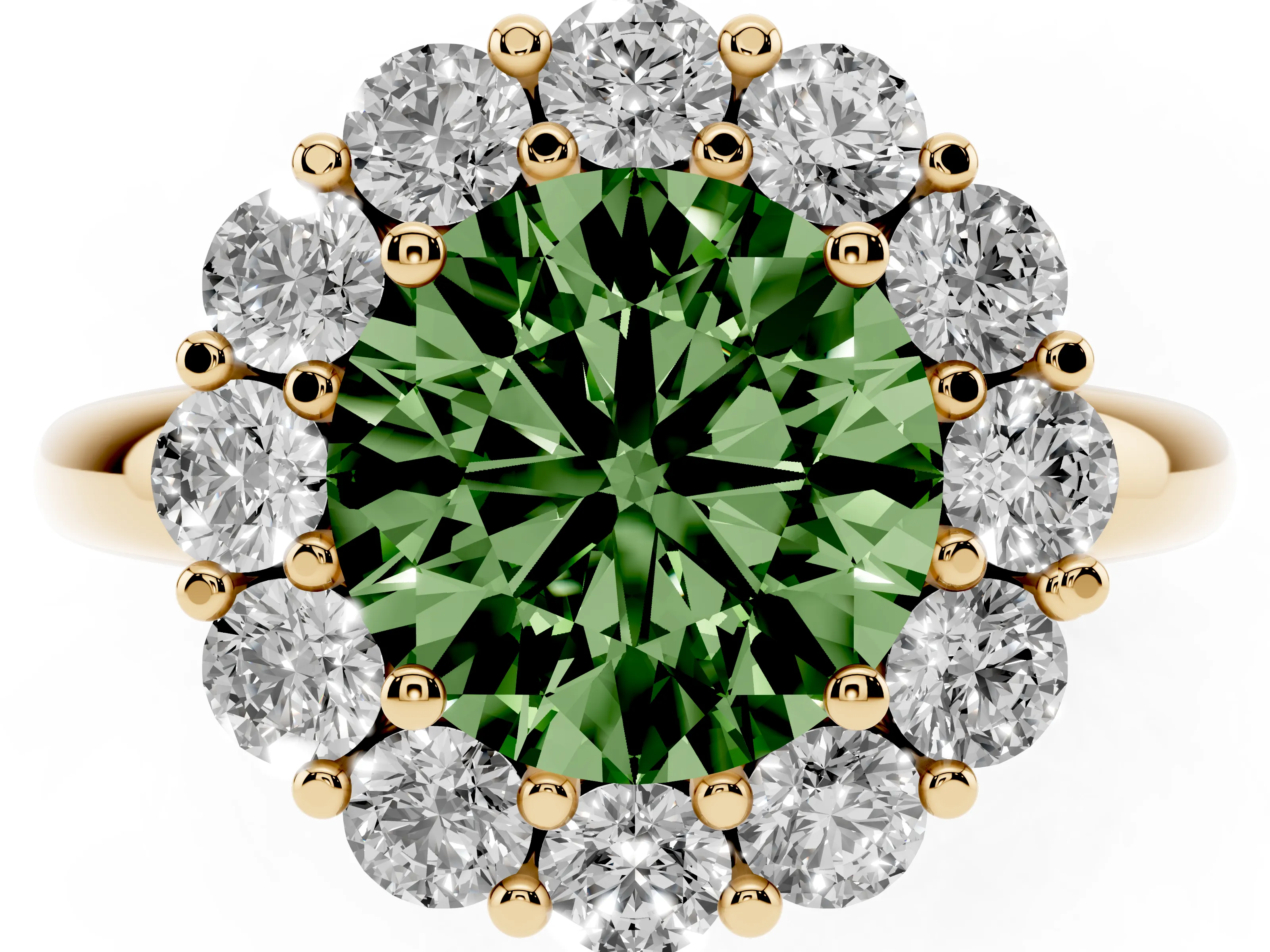 Fancy Green Round Cut Diamond Halo Cluster Engagement Ring Set in Yellow gold with Polished Band and Prong Setting