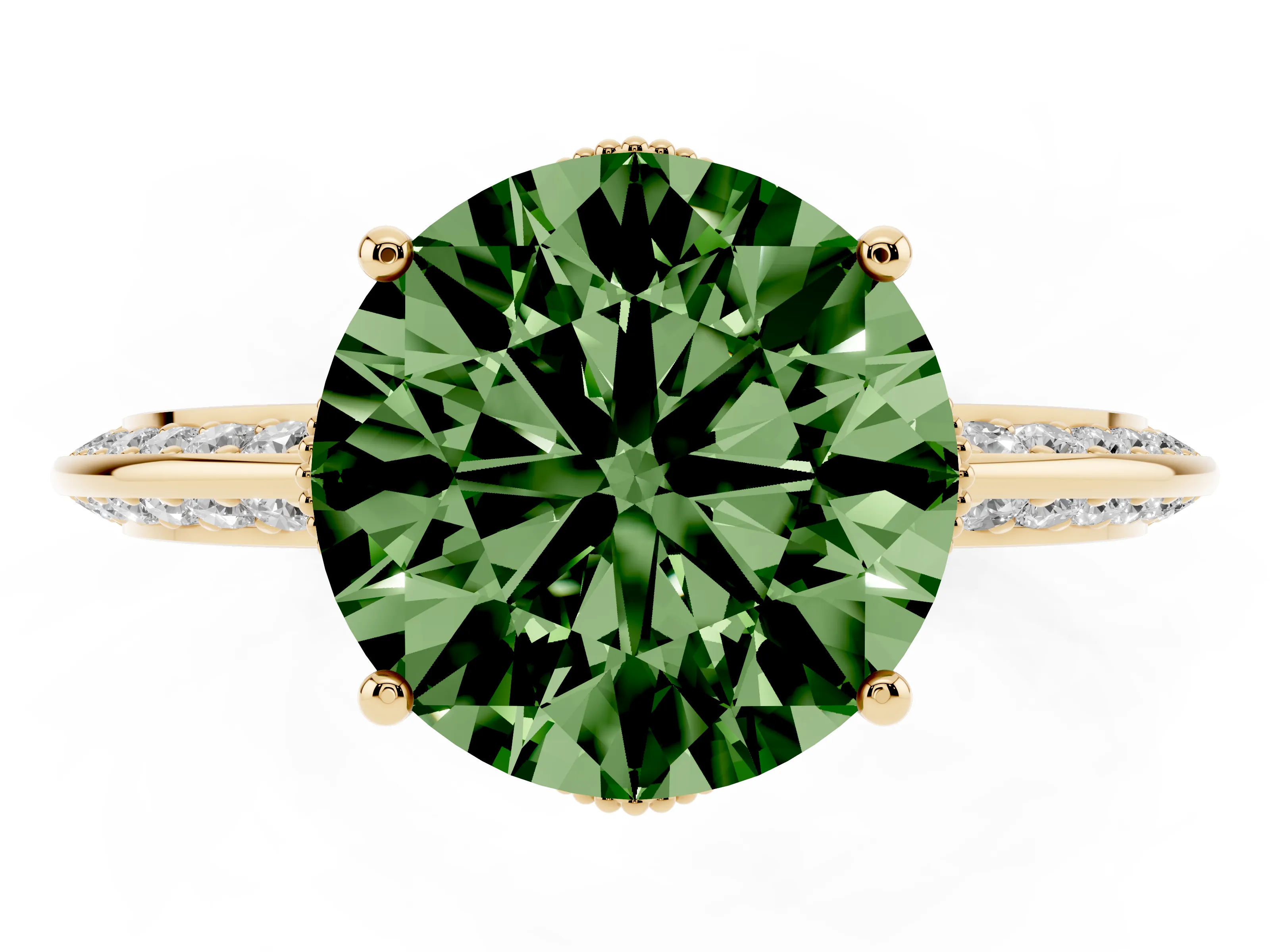 Fancy Green Round Cut Diamond Solitaire Engagement Ring Set in Yellow gold with Pavé Split Shank and Prong Setting