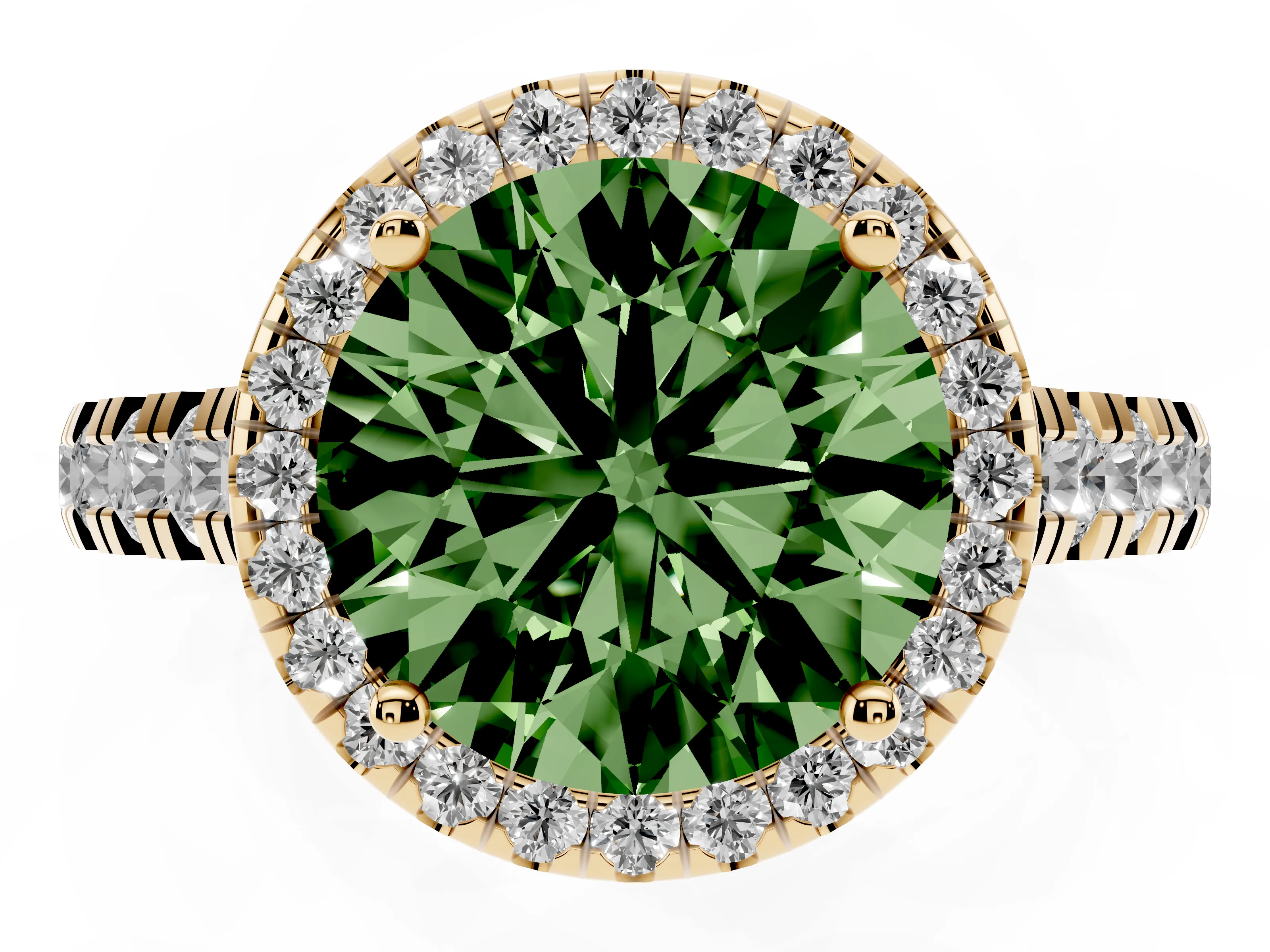 Fancy Green Round Cut Diamond Halo Engagement Ring Set in Yellow gold with Pavé Band and Prong-Set Center