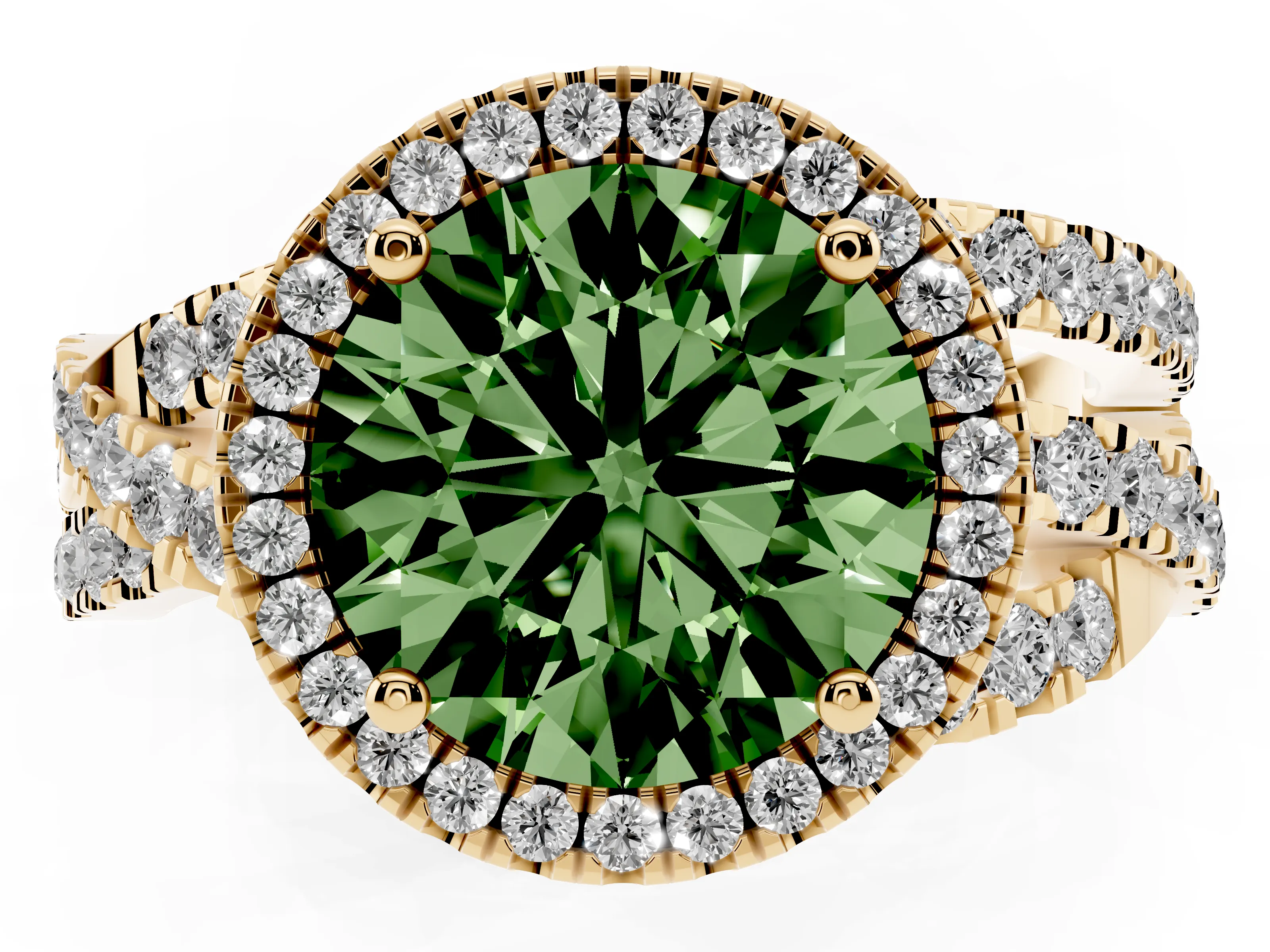 Fancy Green Round Cut Diamond Halo Ring Set in Yellow gold with Round Crossover Split Shank and Prong Setting