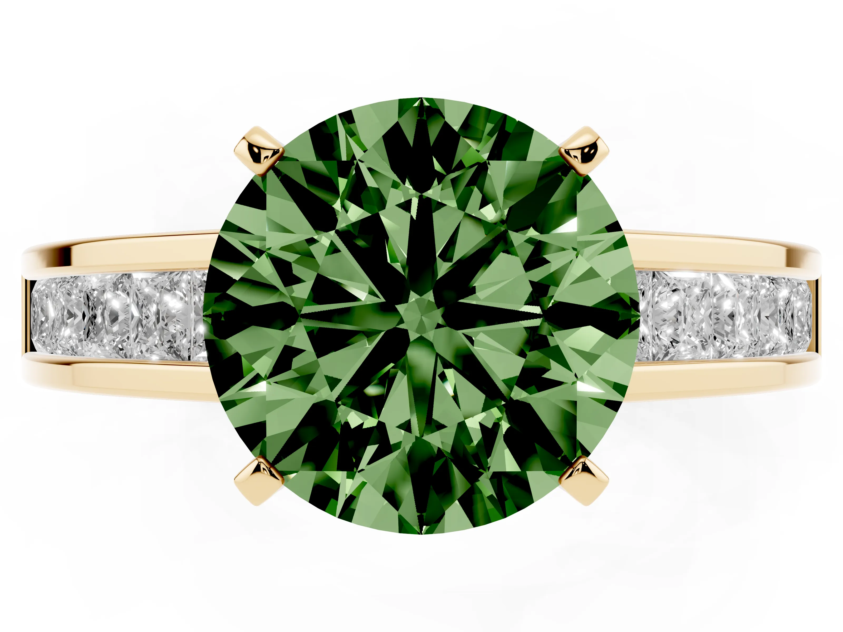 Fancy Green Round Cut Diamond Solitaire Ring Set in Yellow gold with Channel-Set Band and Prong Setting