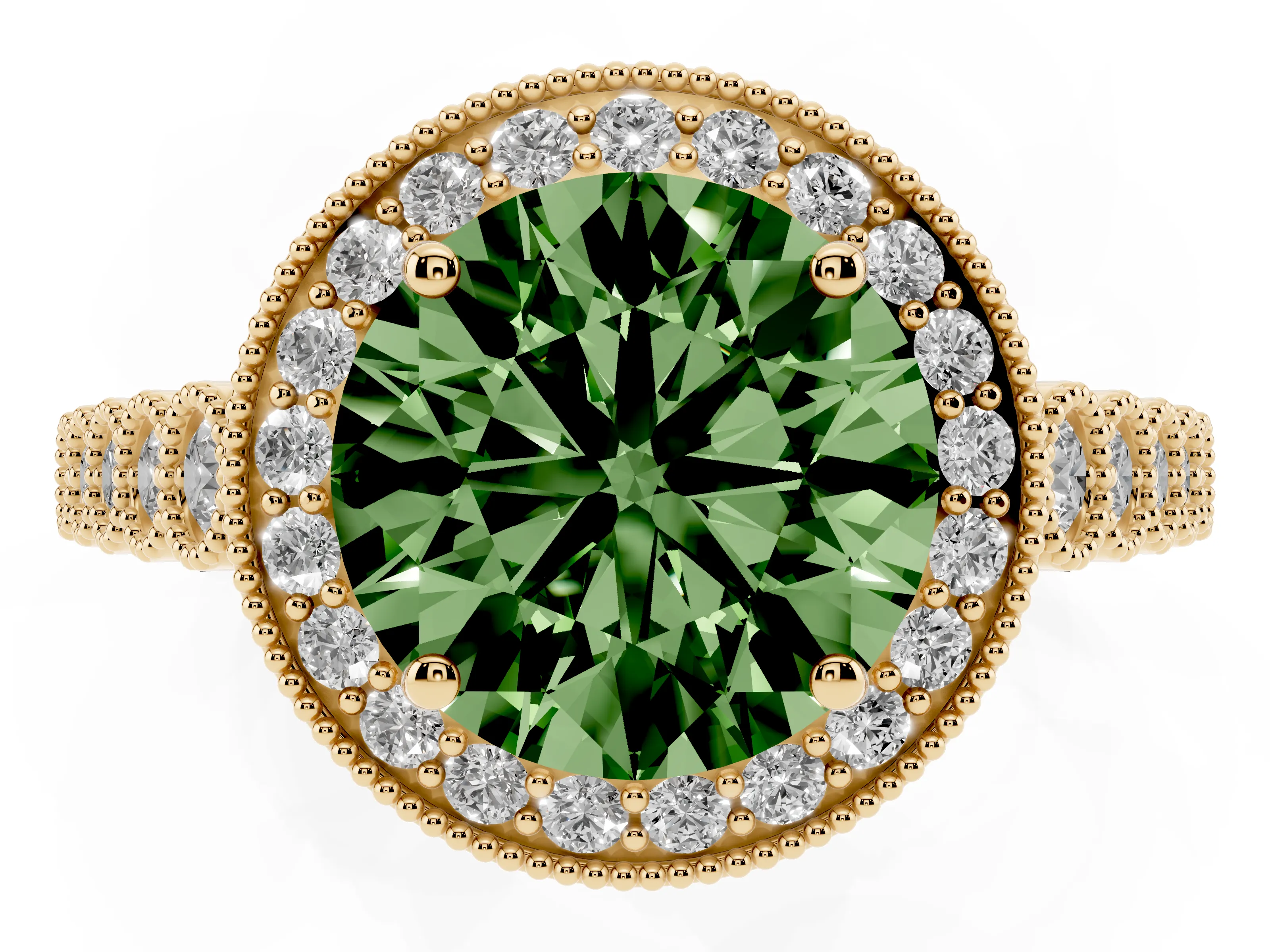 Fancy Green Round Cut Diamond Milgrain Halo Solitaire Ring Set in Yellow gold with Bezel Set Side Stones and Pavé Band