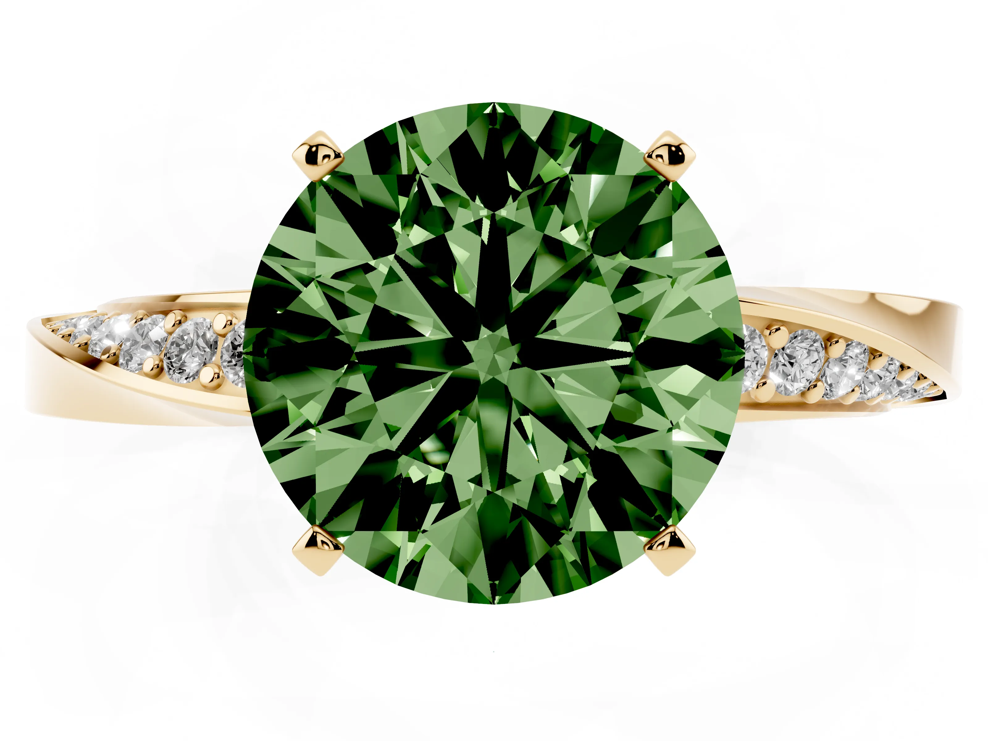 Fancy Green Round Cut Diamond Engagement Ring Set in Yellow gold with Side Stone Accents and Prong Setting