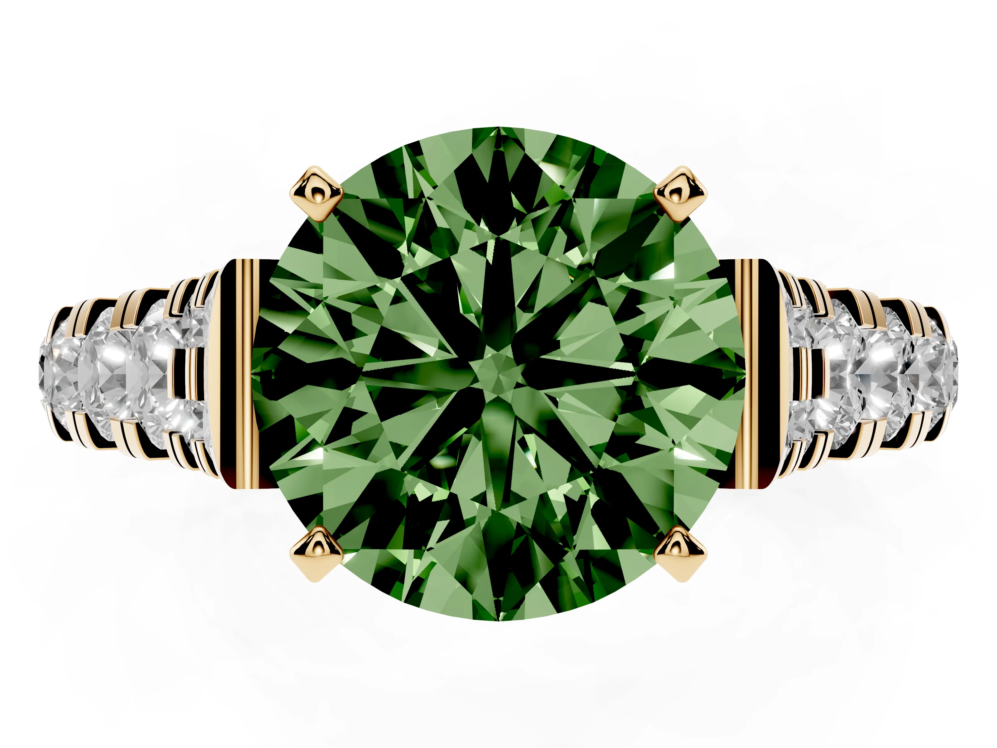 Fancy Green Round Cut Diamond Classic Solitaire Ring Set in Yellow gold with Pavé Band and Prong Setting
