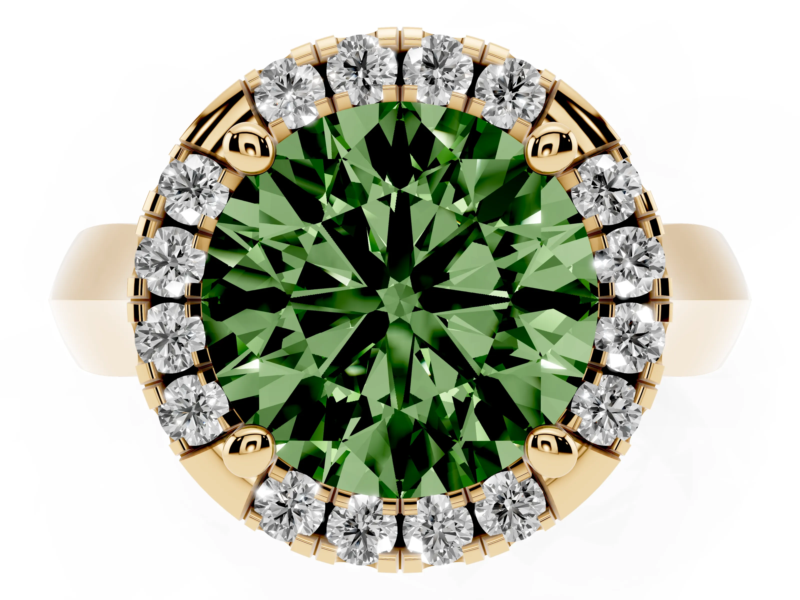 Fancy Green Round Cut Diamond Halo Solitaire Engagement Ring Set in Yellow gold with Square Band and Prong Setting