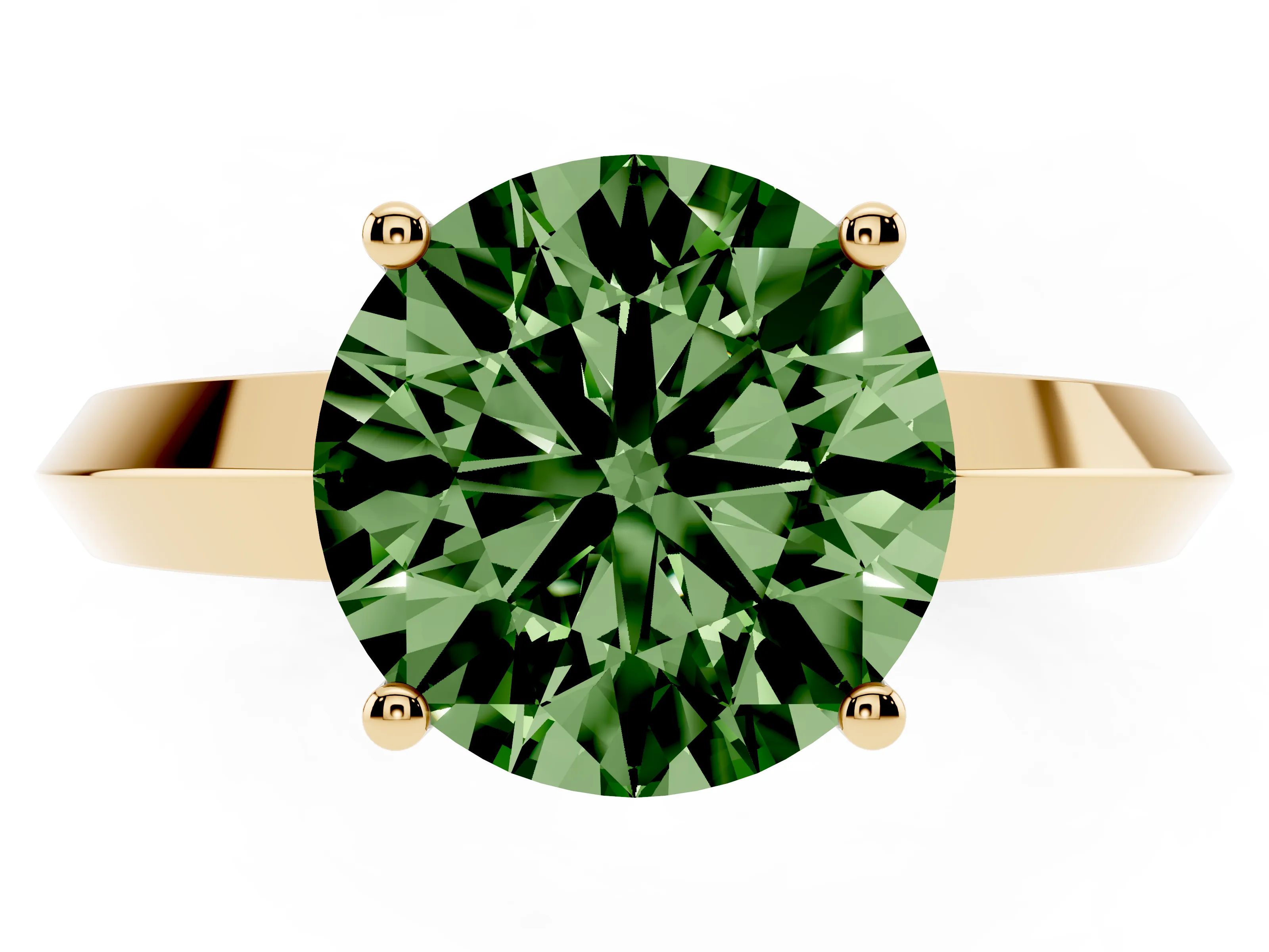 Fancy Green Round Cut Diamond Solitaire Engagement Ring Set in Yellow gold with Flat Band and Prong Setting
