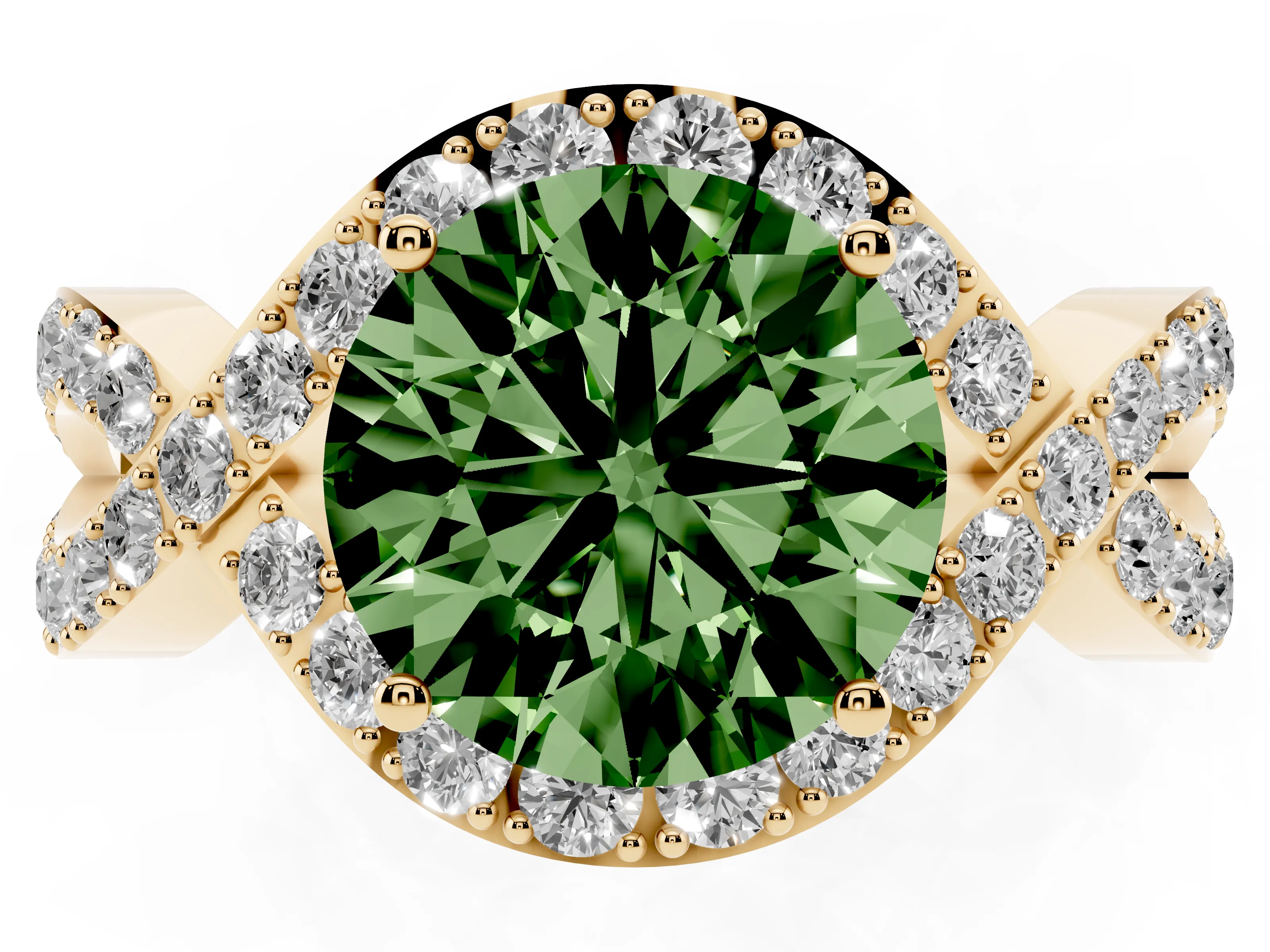 Fancy Green Round Cut Diamond Solitaire Twist Band Pavé Engagement Ring Set in Yellow gold