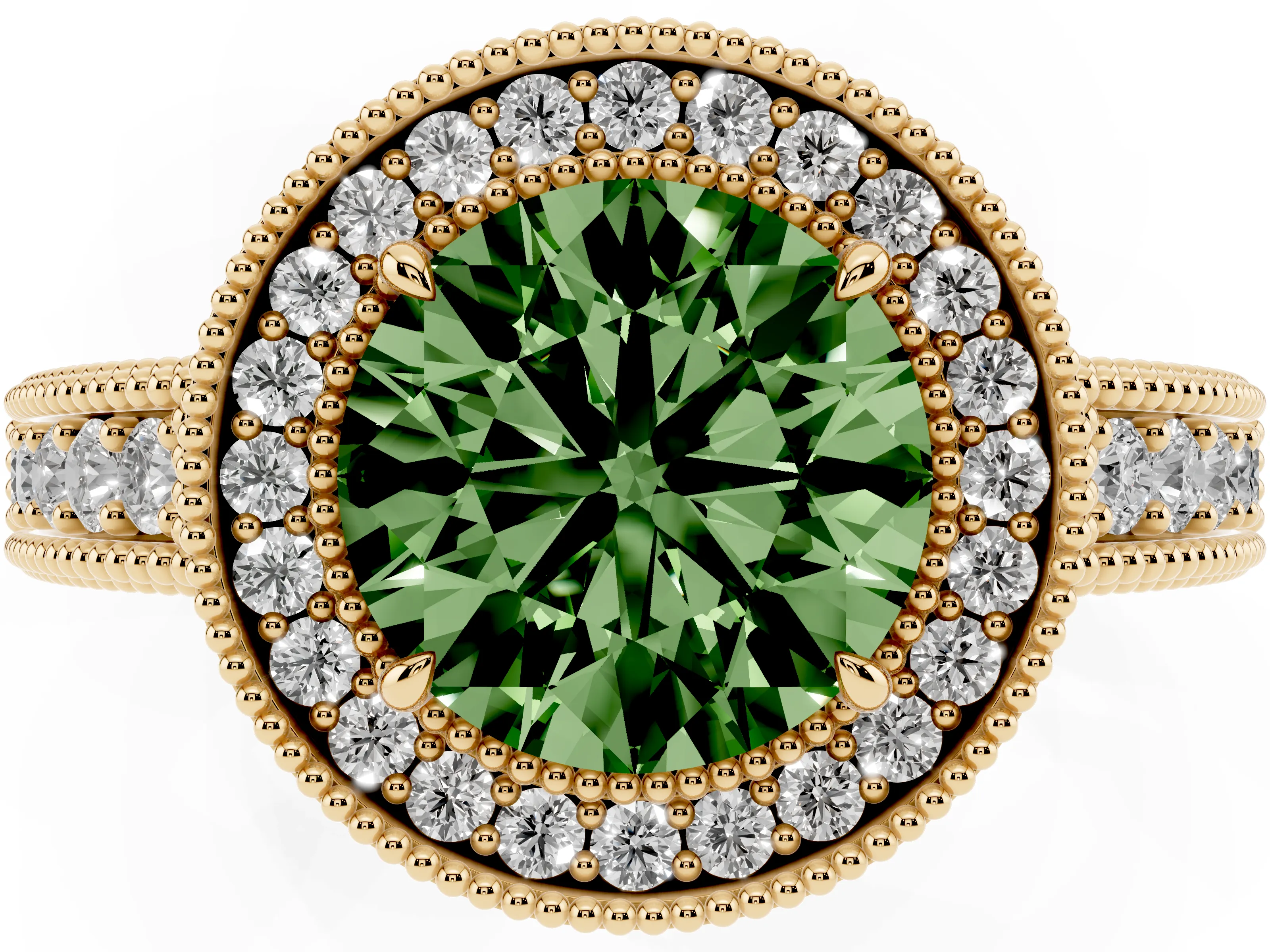 Fancy Green Round Cut Diamond Halo Ring Set in Yellow gold with Round Accent Halo, Pavé Band and Prong Setting
