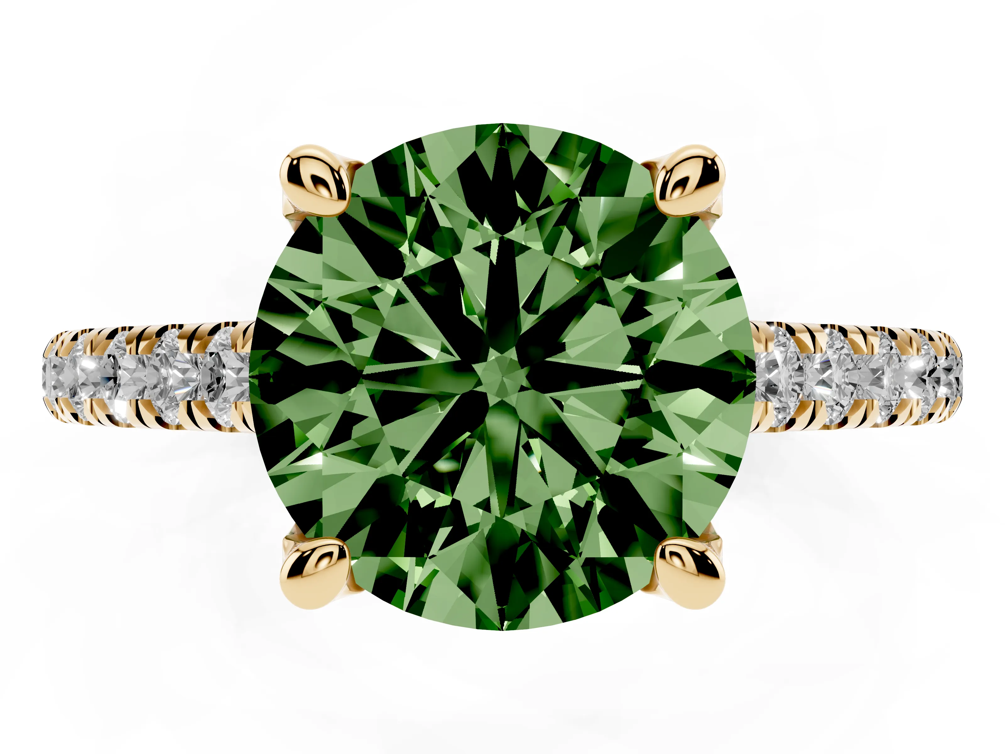 Fancy Green Round Cut Diamond Solitaire Ring Set in Yellow gold with Brilliant Pavé Band and Prong Setting