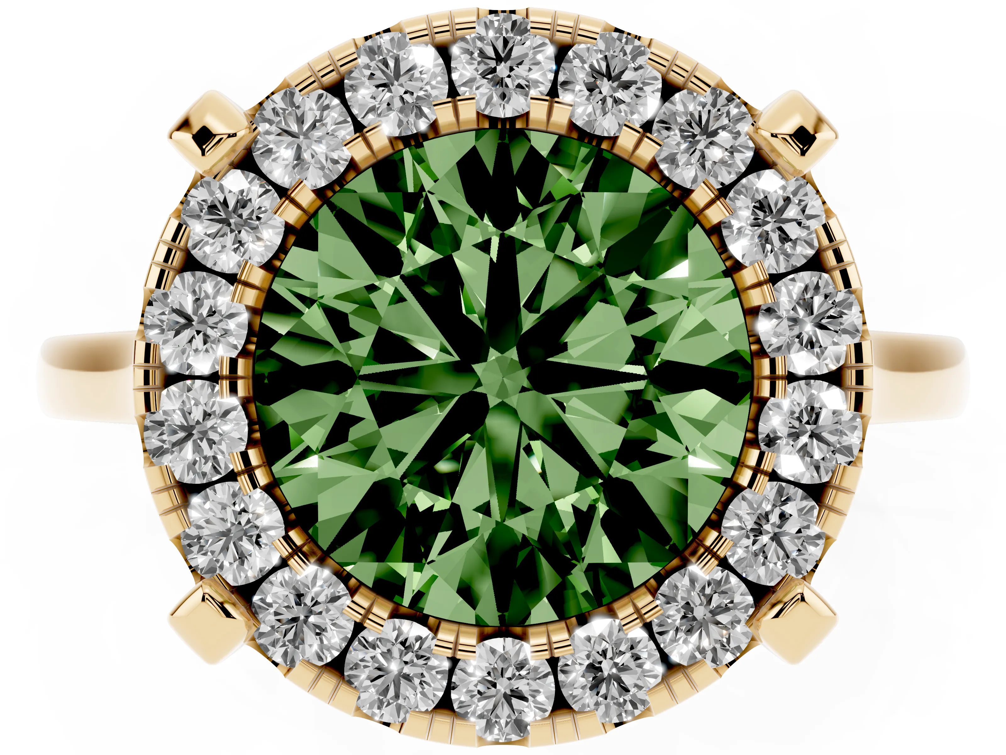Fancy Green Round Cut Diamond Cluster Halo Solitaire Ring Set in Yellow gold with Prong Setting
