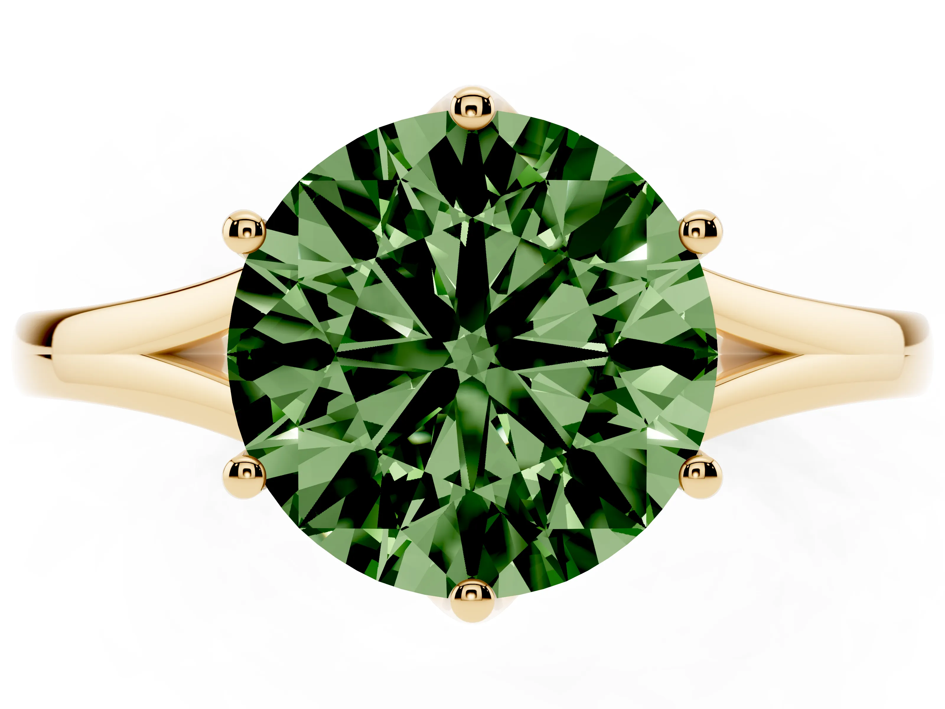 Fancy Green Round Cut Diamond Solitaire Ring Set in Yellow gold with Polished Tapered Band and Prong Setting