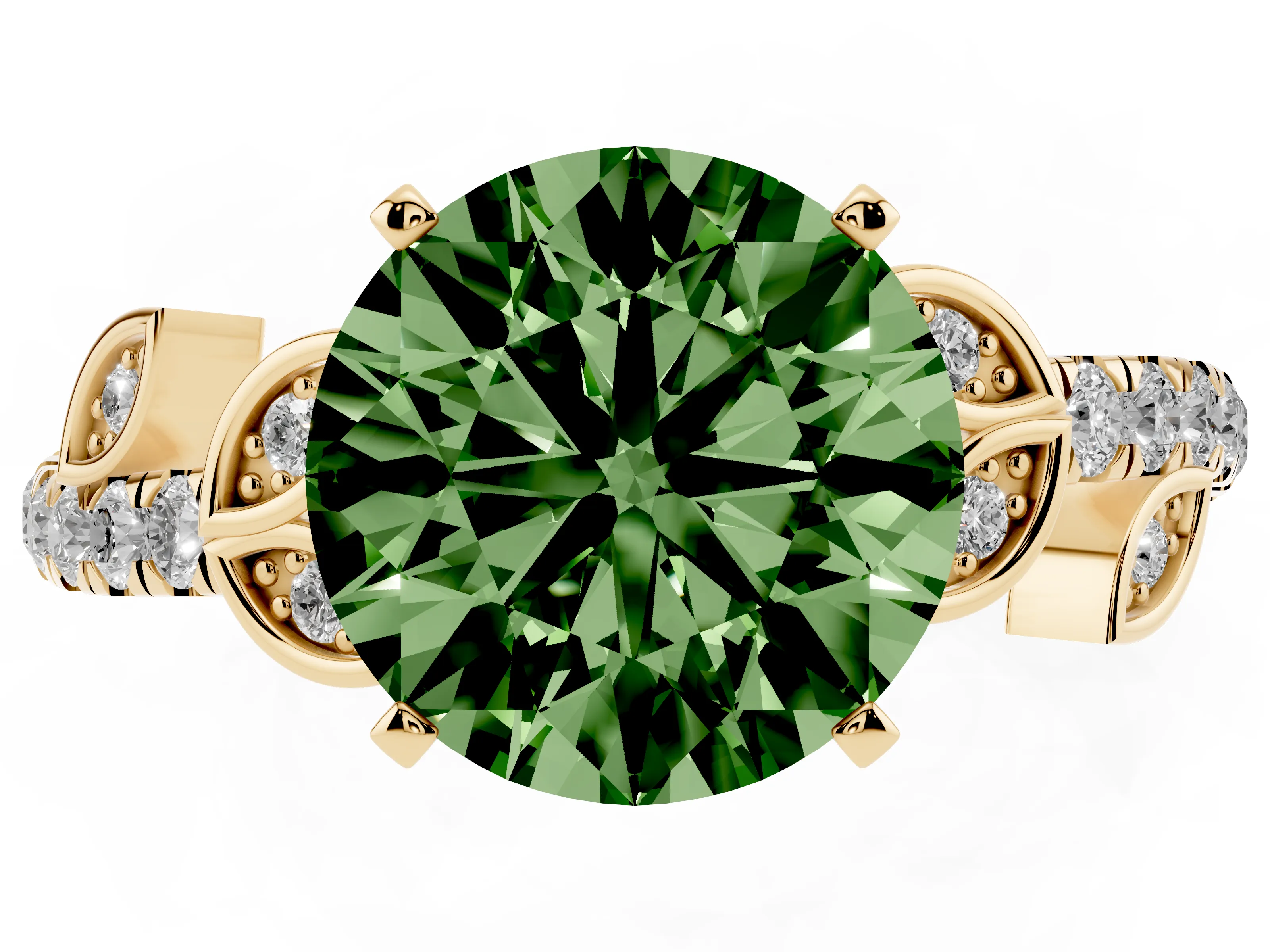 Fancy Green Round Cut Diamond Solitaire Leaf-Inspired Ring Set in Yellow gold with Pavé Band and Prong Setting