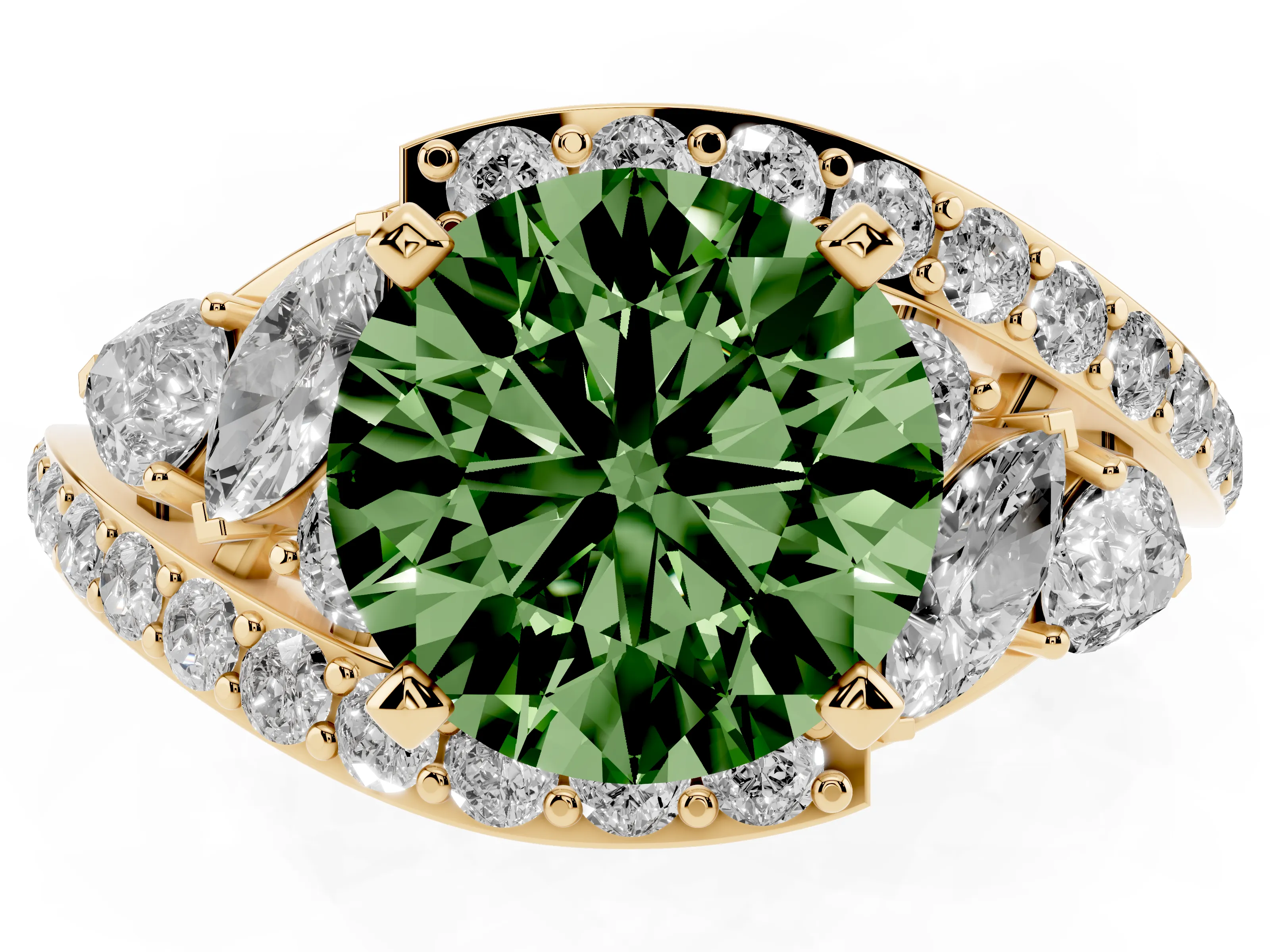 Fancy Green Round Cut Diamond Halo Ring Set in Yellow gold with Marquise and Pavé Band in Prong Setting