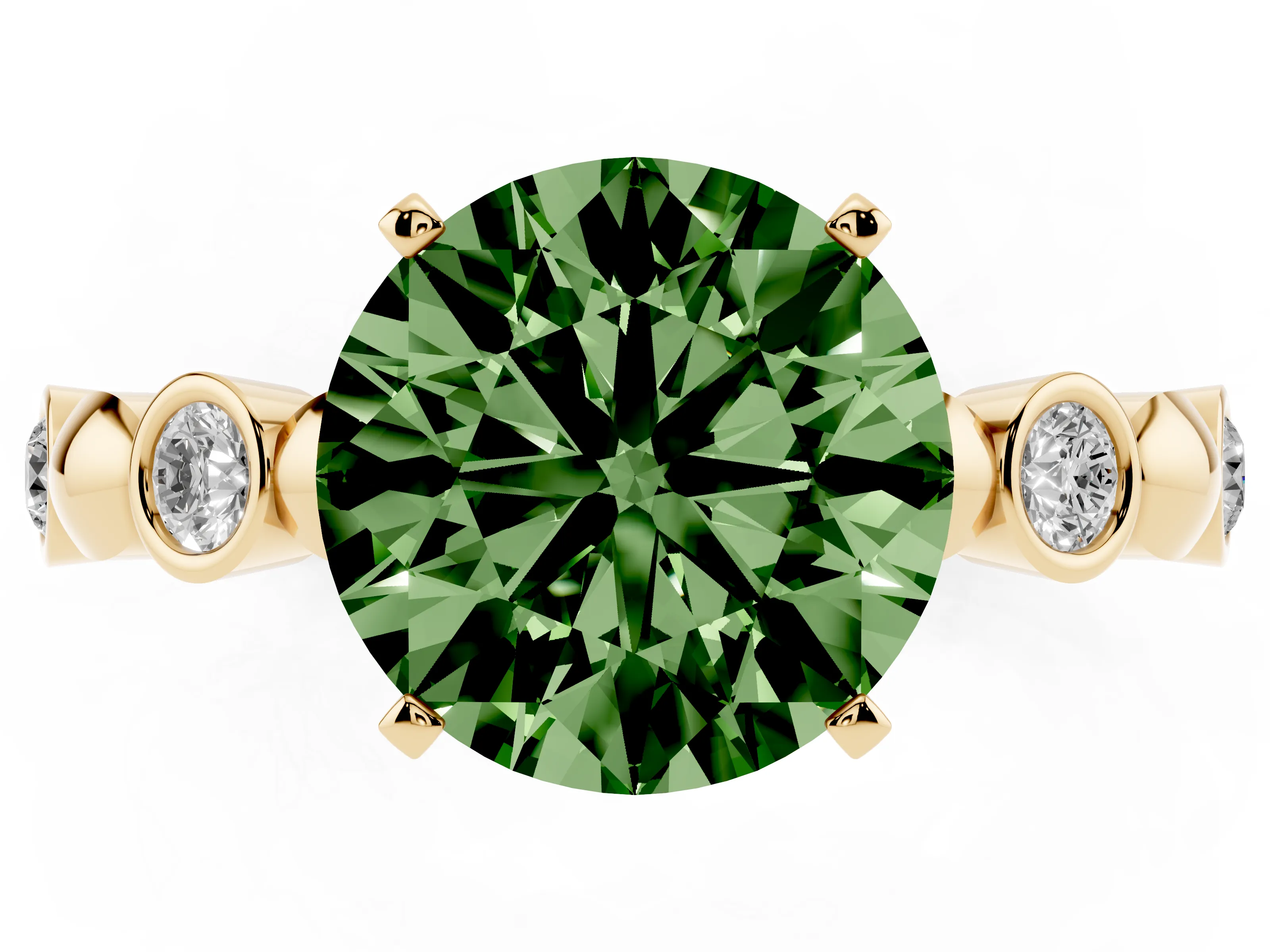 Fancy Green Round Cut Diamond Solitaire Ring Set in Yellow gold with Bezel-Set Accents on Beaded Band and Prong Setting