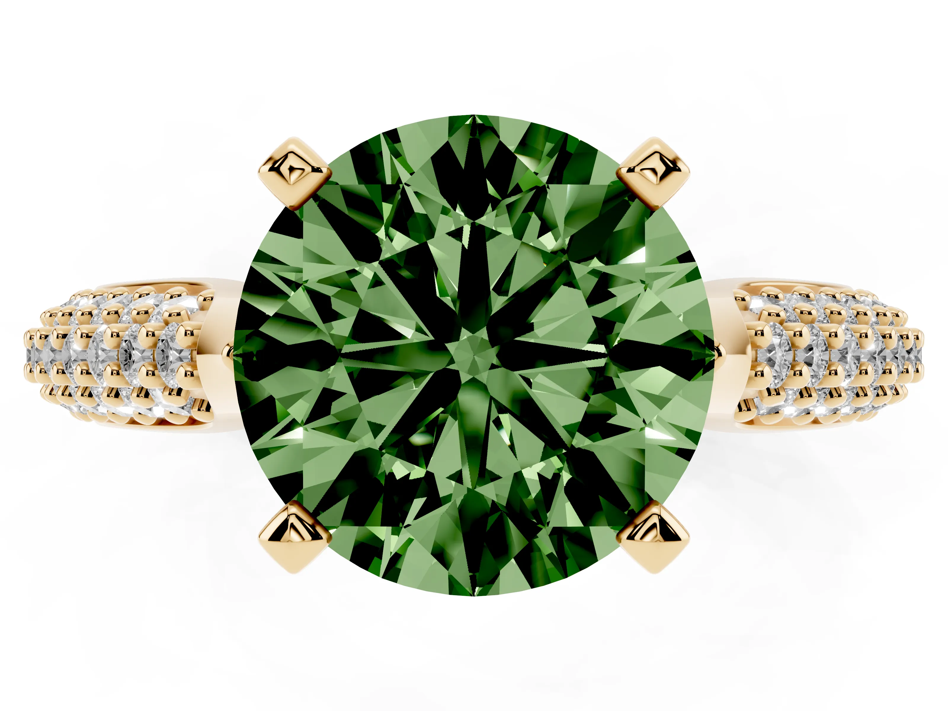Fancy Green Round Cut Diamond Solitaire Engagement Ring Set in Yellow gold with Multi-Row Round Pavé Band and Prong Setting