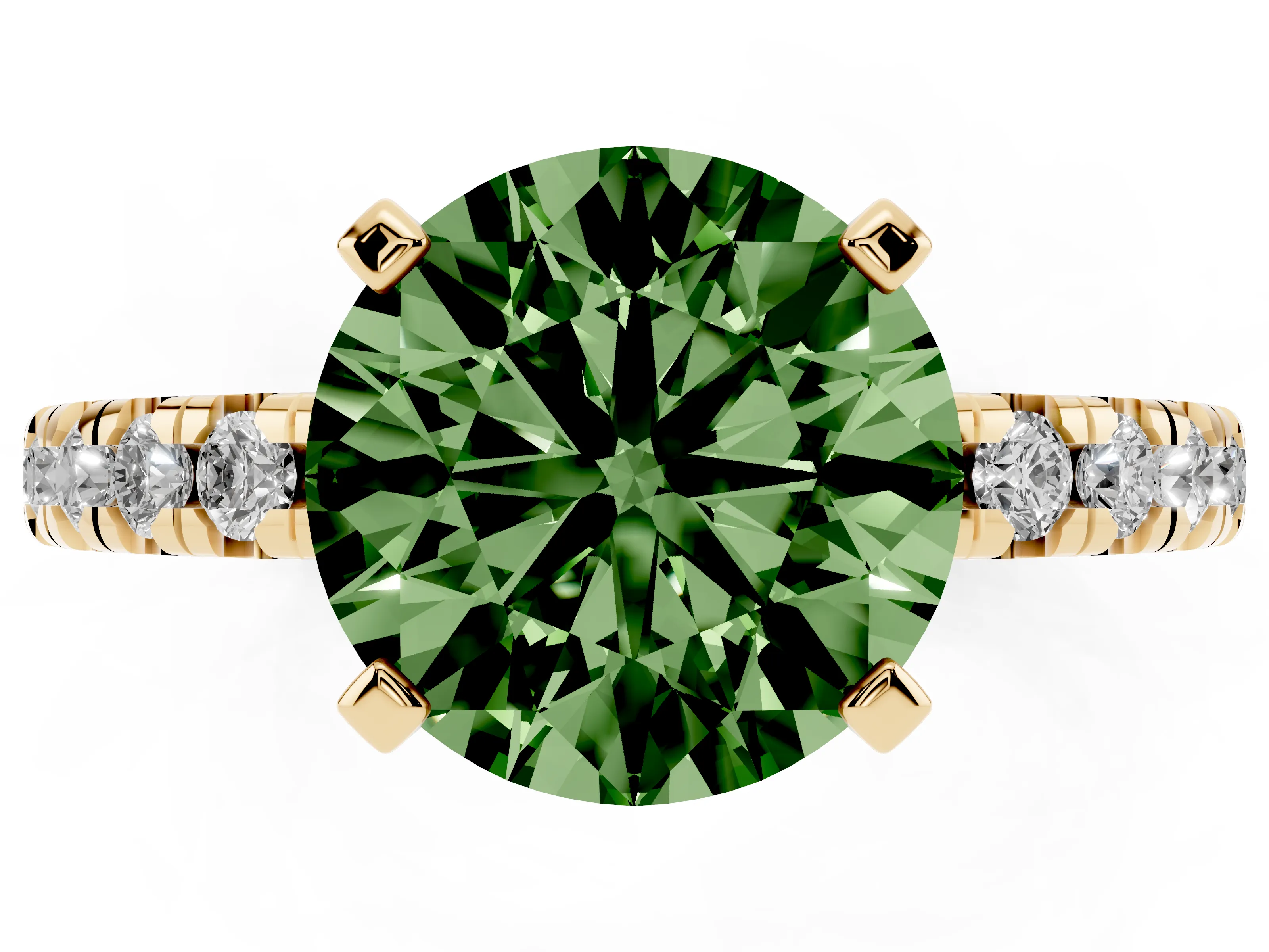 Fancy Green Round Cut Diamond Solitaire Pavé Engagement Ring Set in Yellow gold with Round Band and Prong Setting