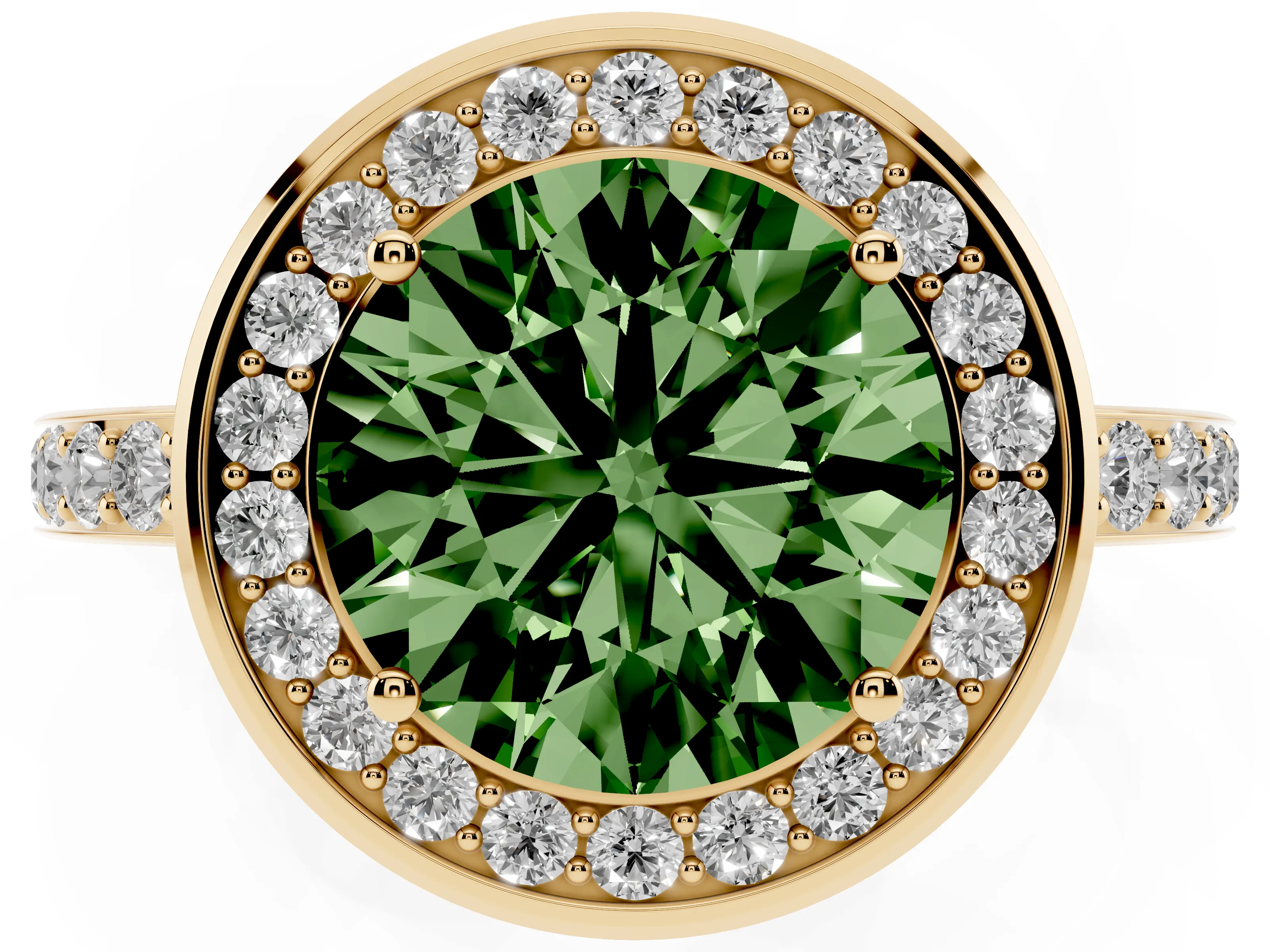 Fancy Green Round Cut Diamond Halo Ring Set in Yellow gold with Bezel Frame and Pavé Band