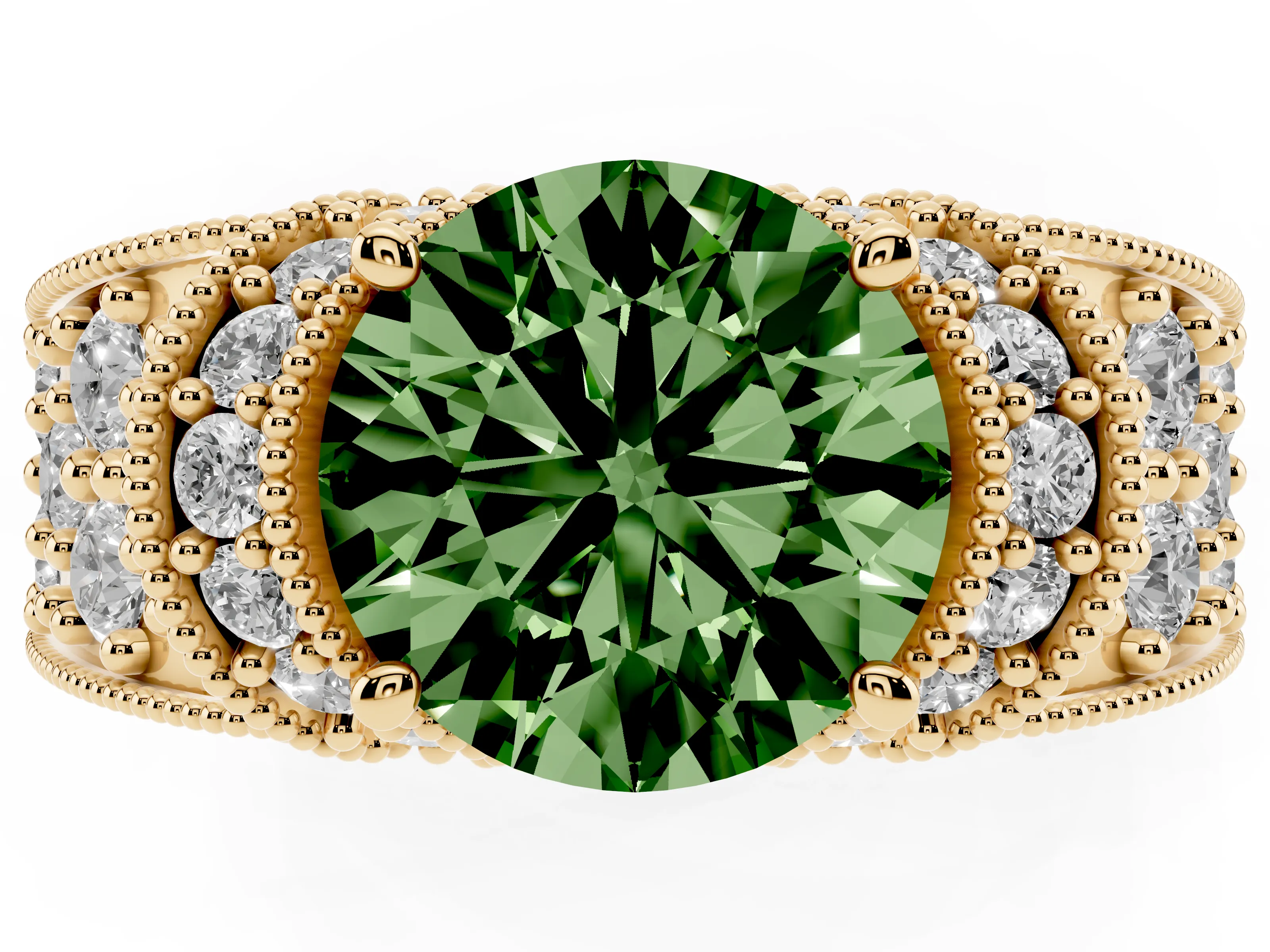 Fancy Green Round Cut Diamond Milgrain Halo Pavé Engagement Ring Set in Yellow gold with Prong Setting