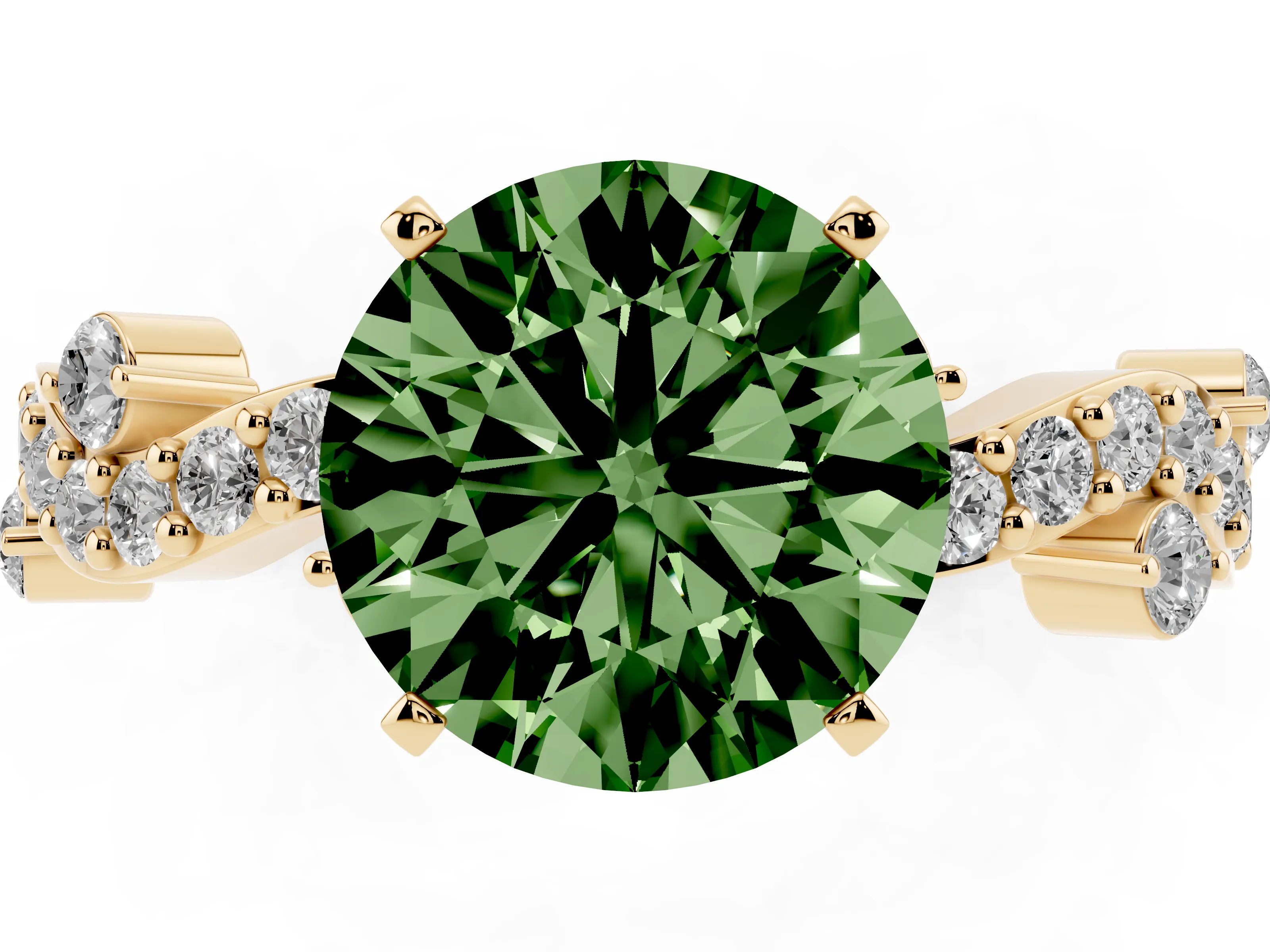 Fancy Green Round Cut Diamond Solitaire Twisted Band Set in Yellow gold with Pavé Setting