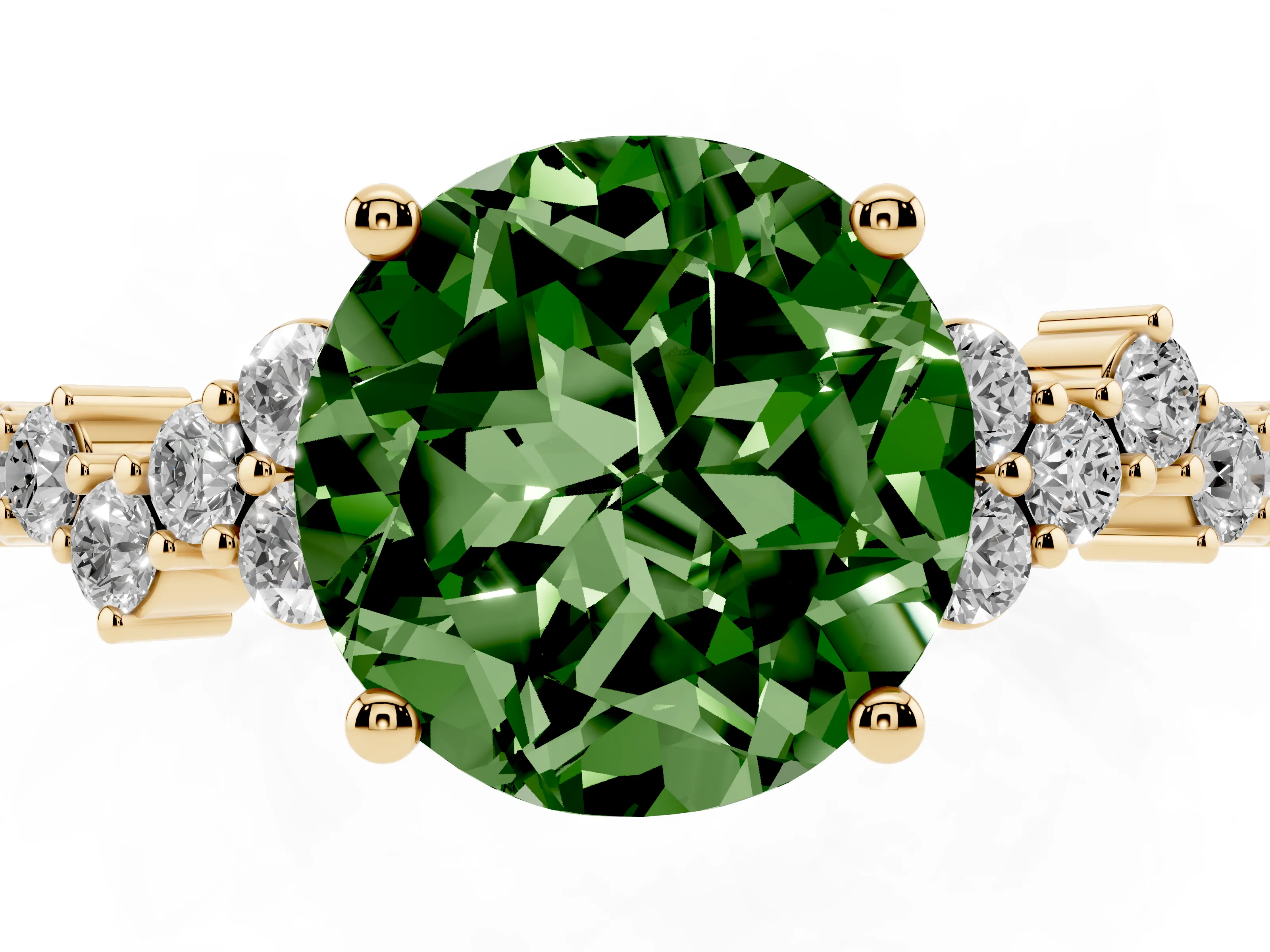 Fancy Green Round Cut Diamond Ring Set in Yellow gold with Scattered Round Accents