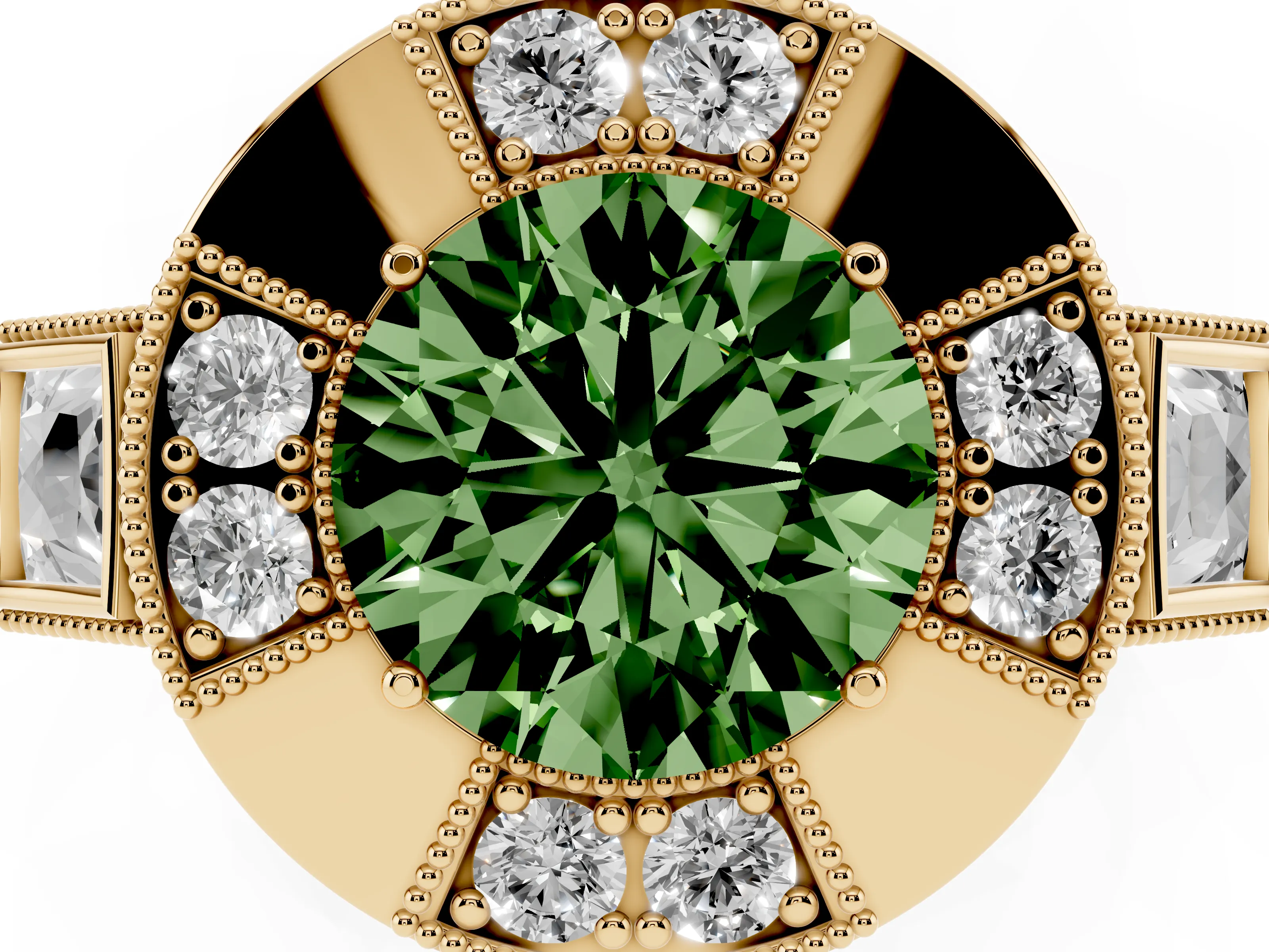 Fancy Green Round Cut Diamond Milgrain Halo Ring Set in Yellow gold with Split Shank