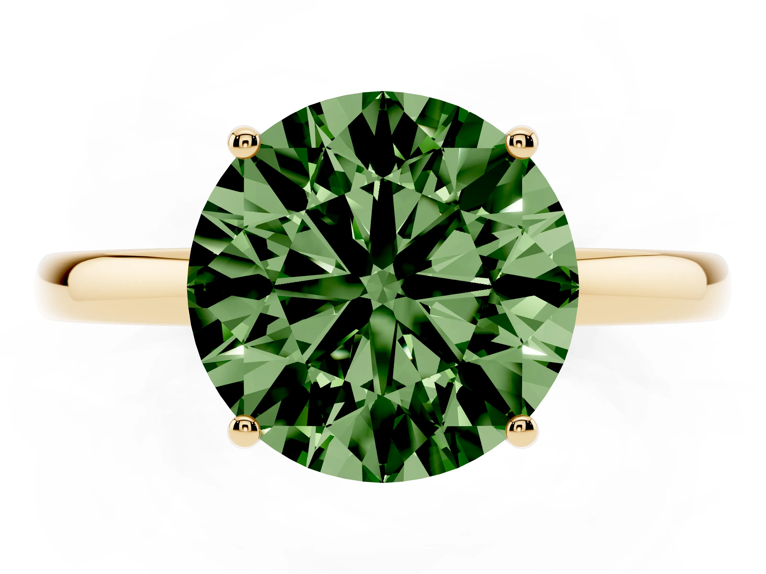 Fancy Green Round Cut Diamond Solitaire Ring Set in Yellow gold with Plain Band and Prong Setting