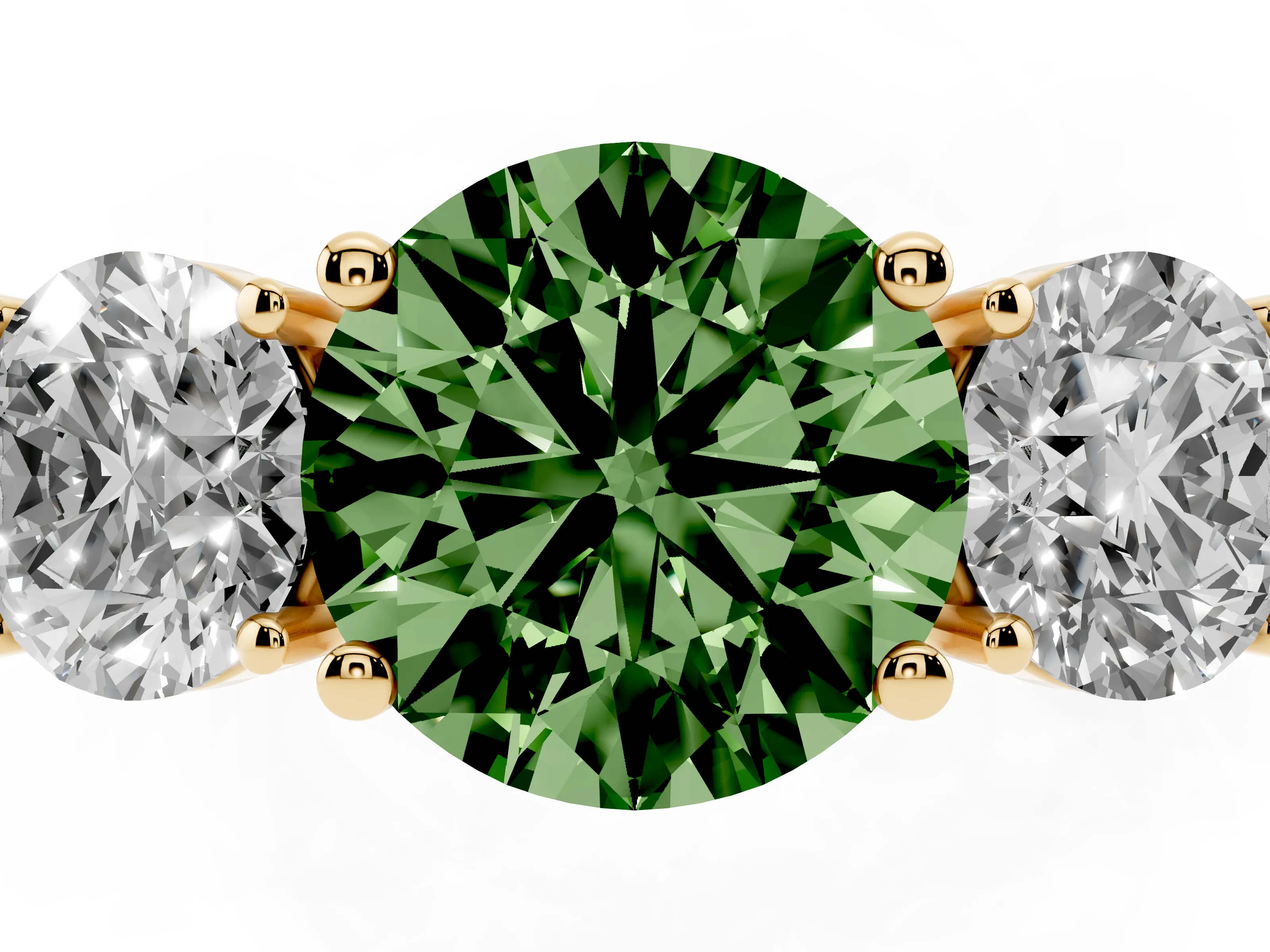 Fancy Green Round Cut Diamond Three-Stone Engagement Ring Set in Yellow gold with Flat Band
